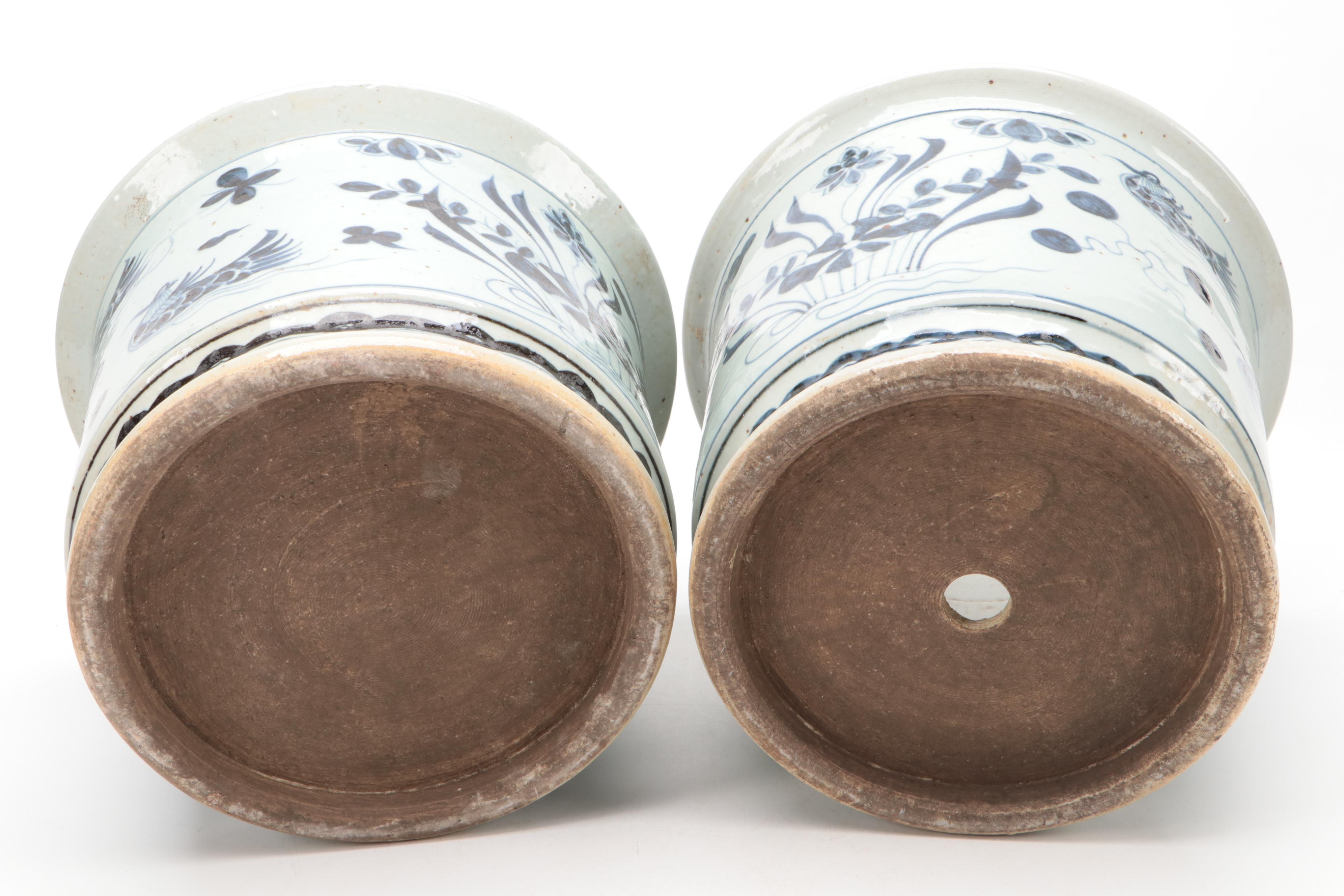 Chinese Blue and White Hand-Painted Porcelain Rimmed Planters