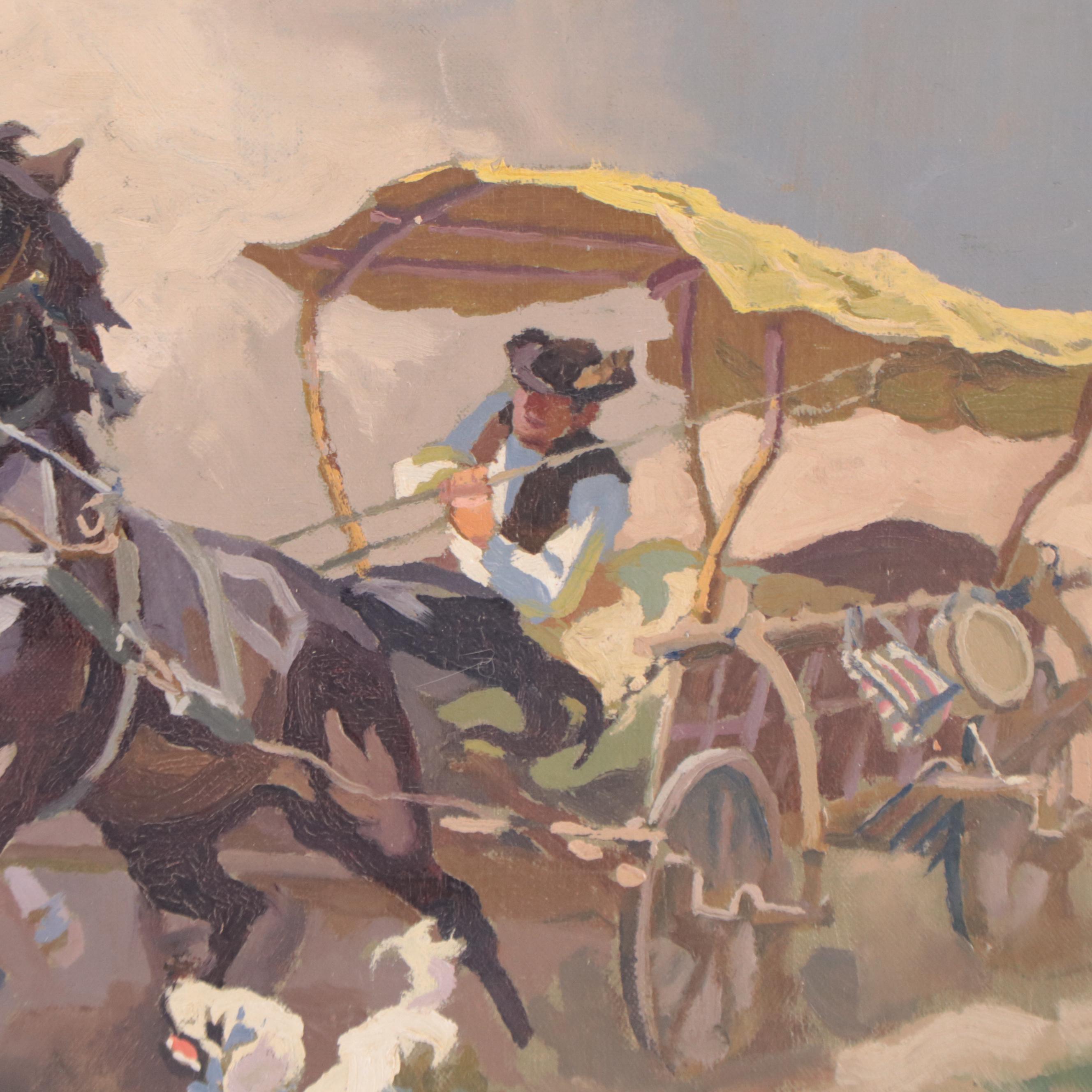 Istvan Benyovszky Oil Painting of Horses Pulling a Carriage, Mid 20th Century