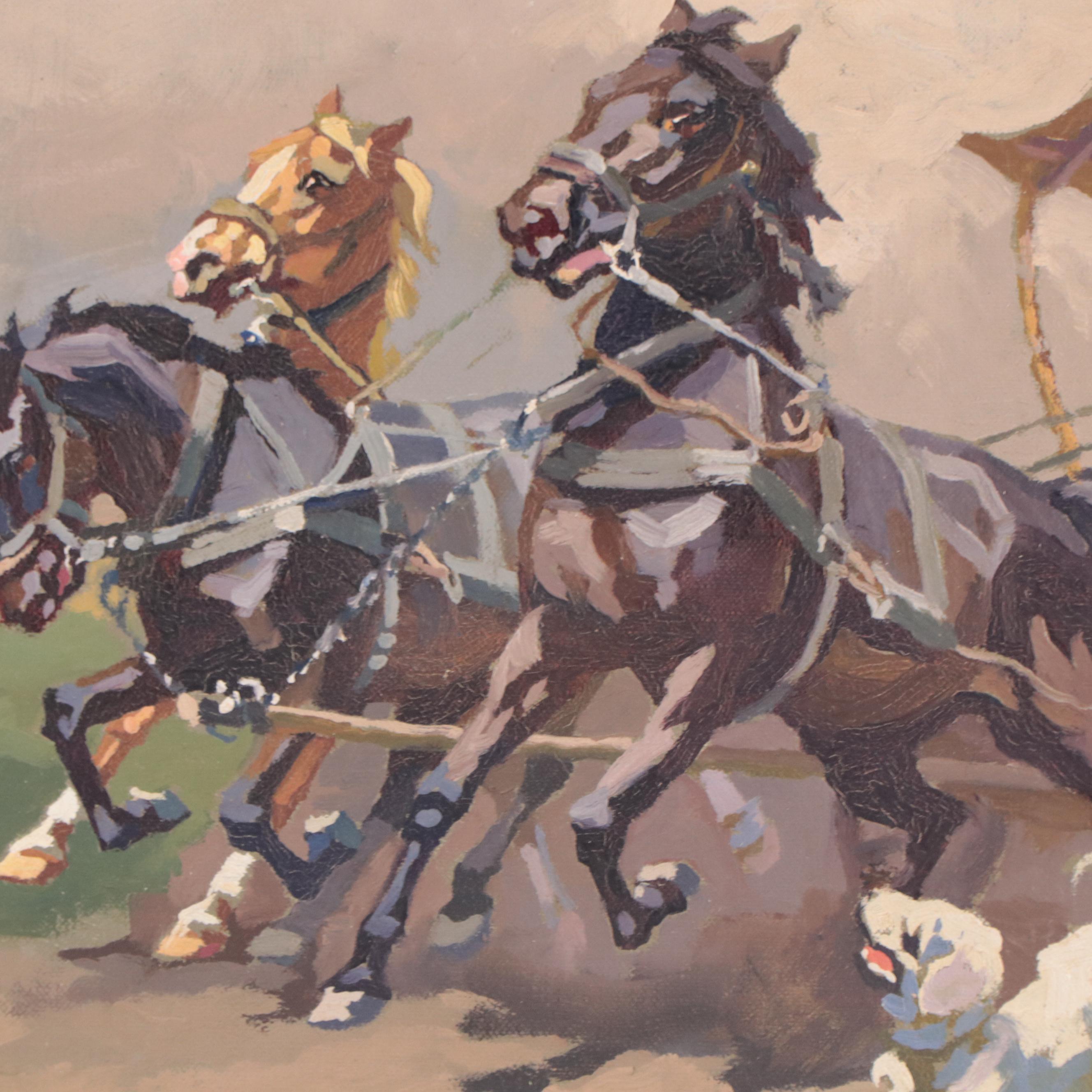 Istvan Benyovszky Oil Painting of Horses Pulling a Carriage, Mid 20th Century