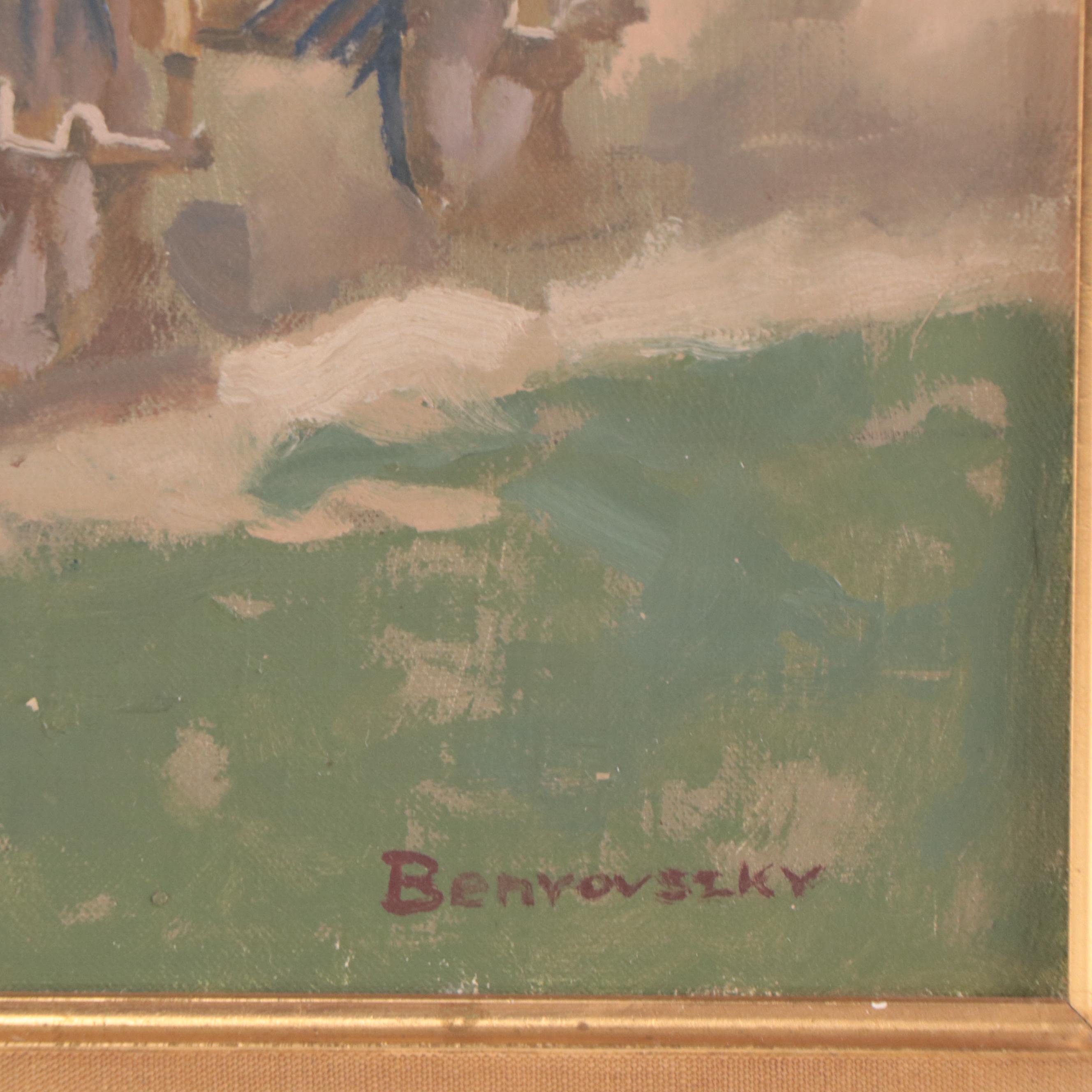 Istvan Benyovszky Oil Painting of Horses Pulling a Carriage, Mid 20th Century