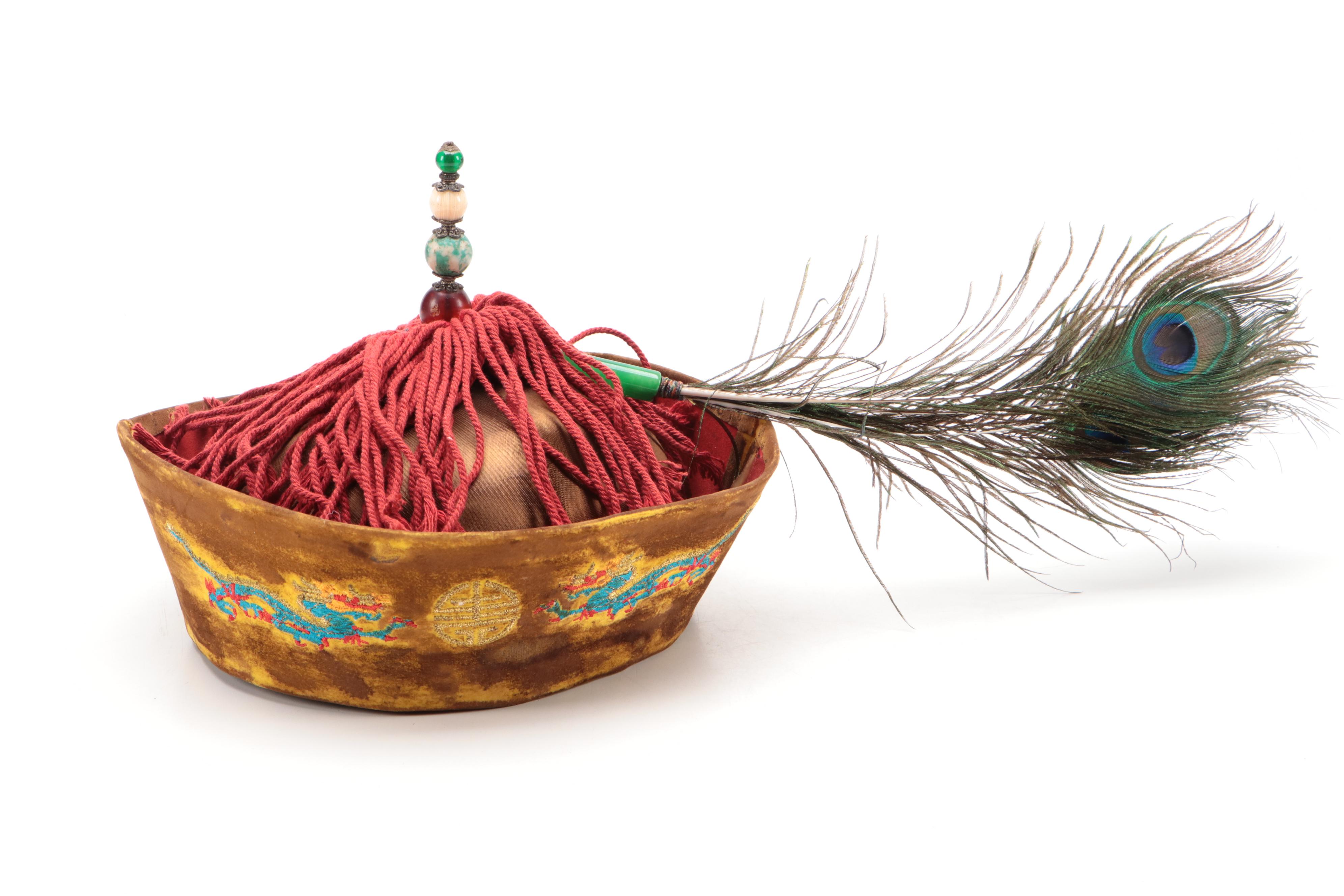 Chinese Silk and Velvet Winter Chao Guan (Official's Hat) with Finial