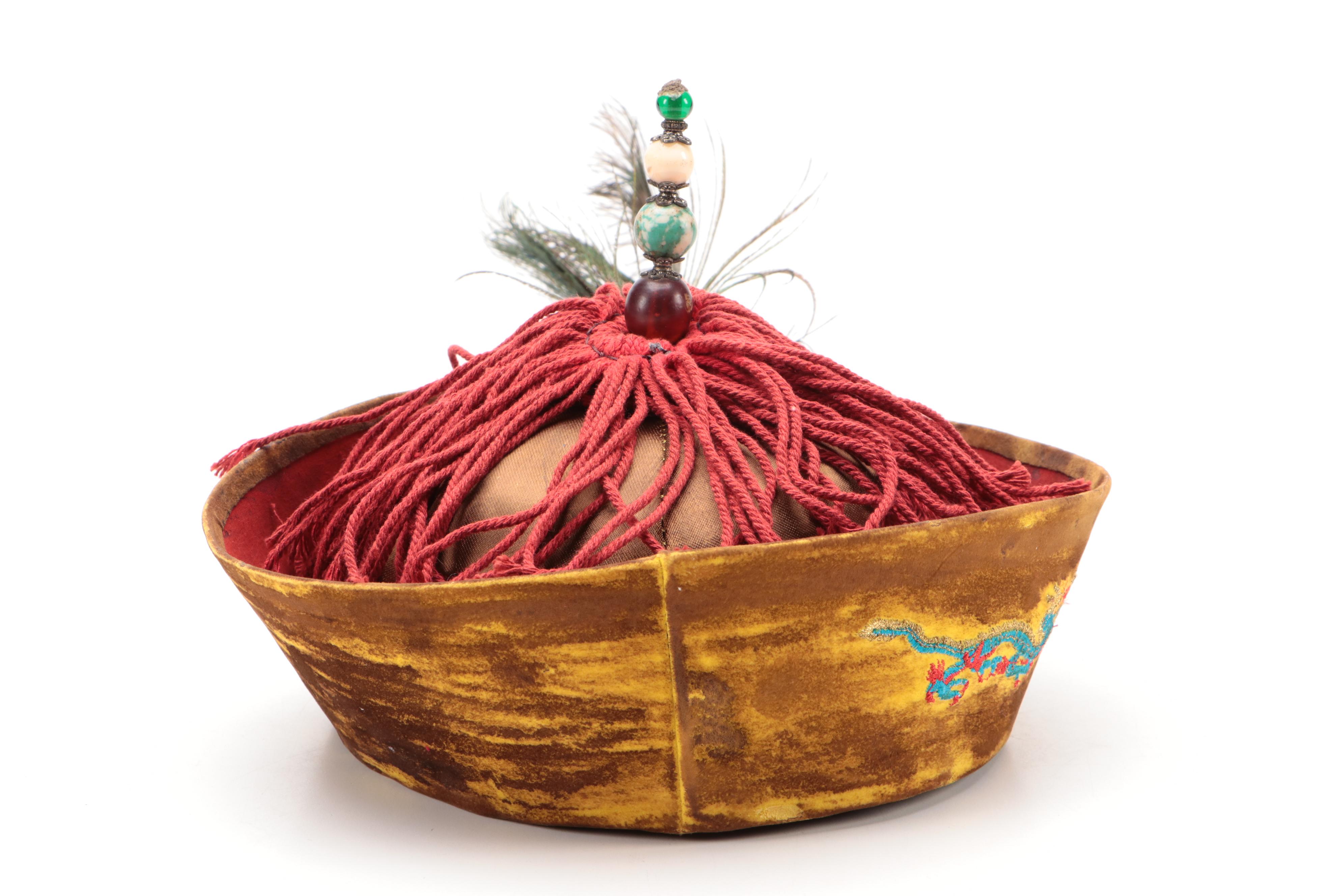 Chinese Silk and Velvet Winter Chao Guan (Official's Hat) with Finial