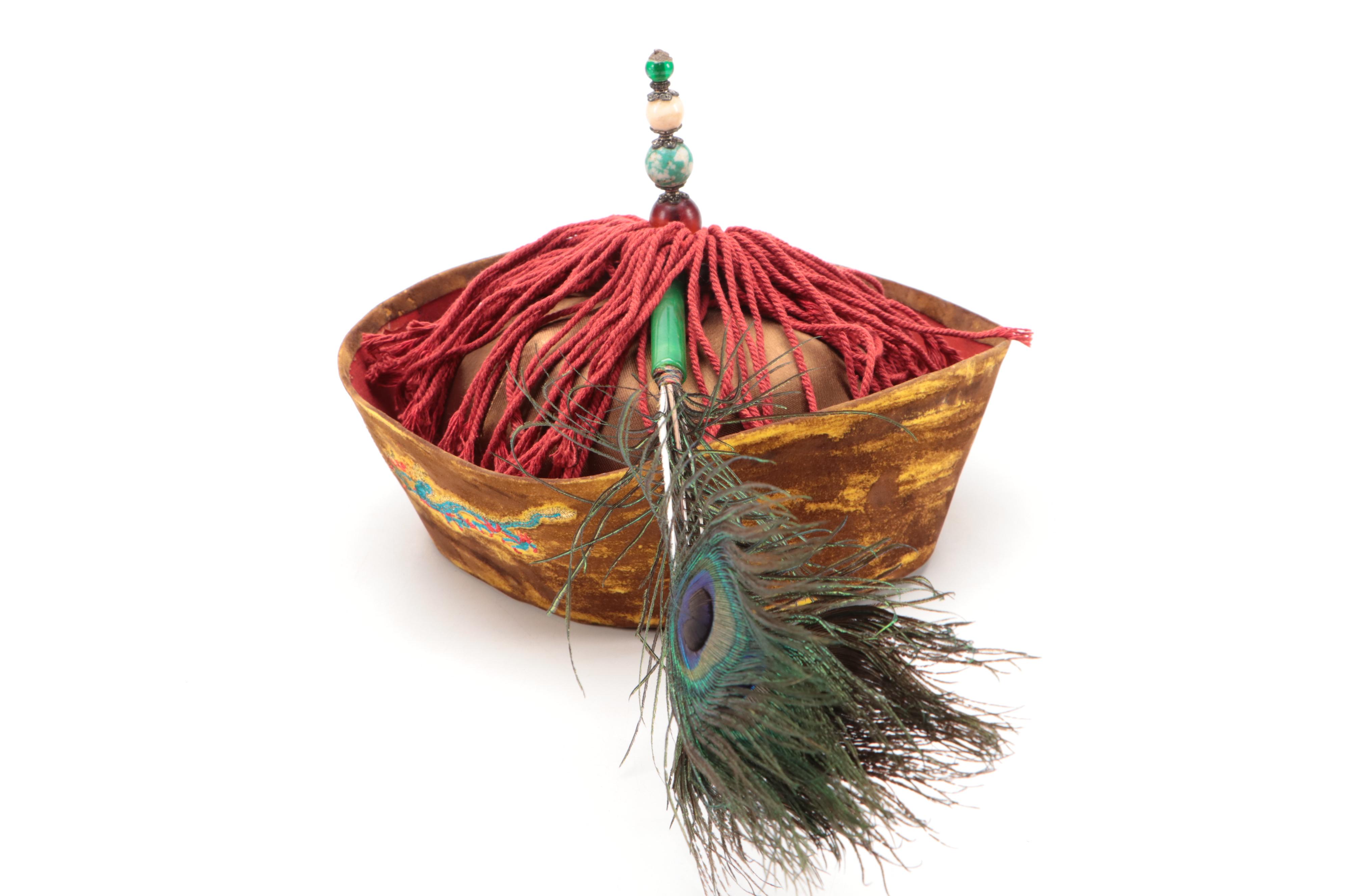 Chinese Silk and Velvet Winter Chao Guan (Official's Hat) with Finial