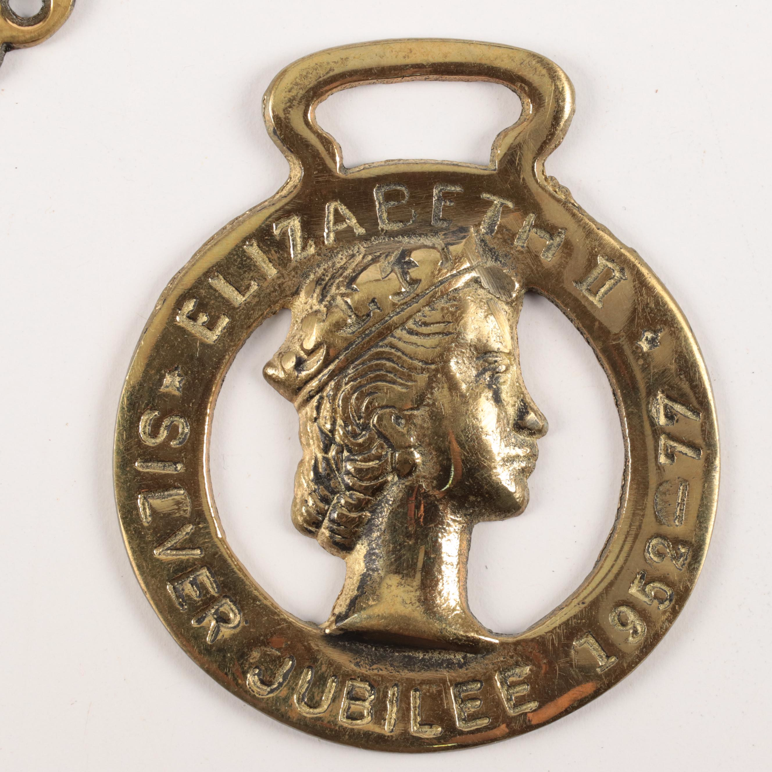 Elizabeth II Silver Jubilee with Other English Horse Brasses and Cushion