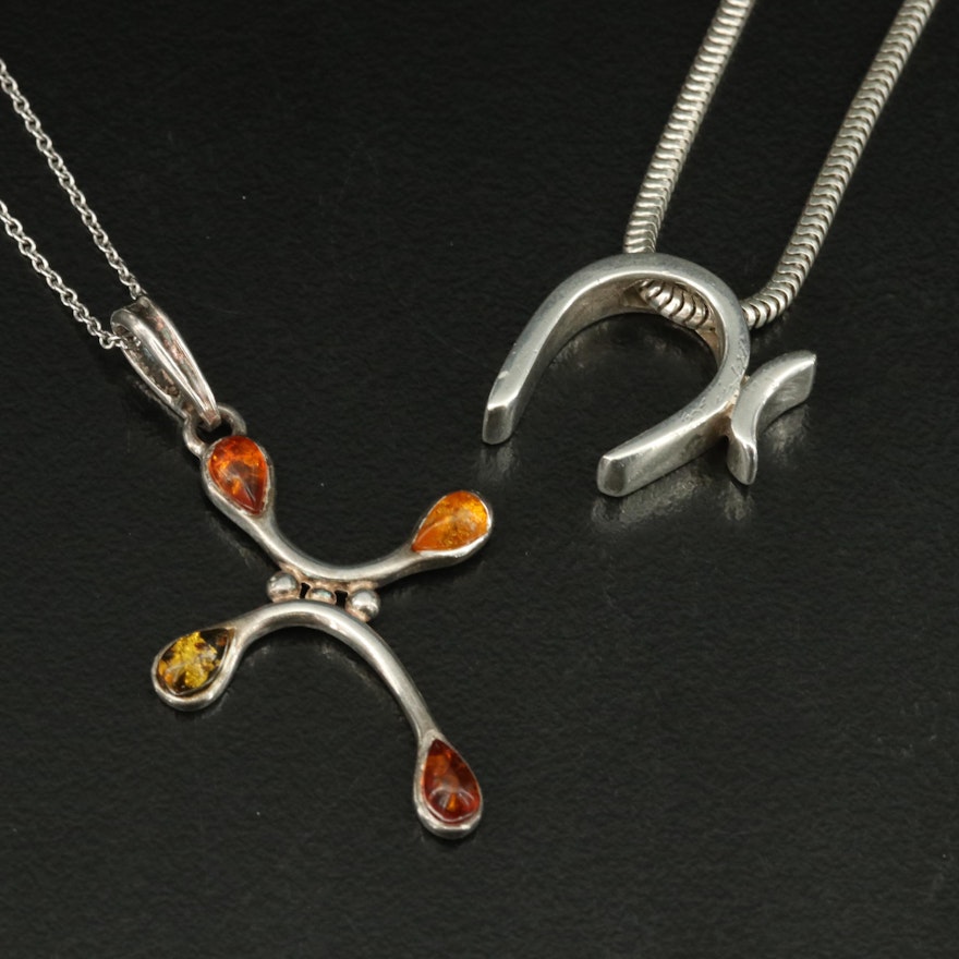 Sterling Amber Cross Pendant Necklace with Sterling Signed Necklace