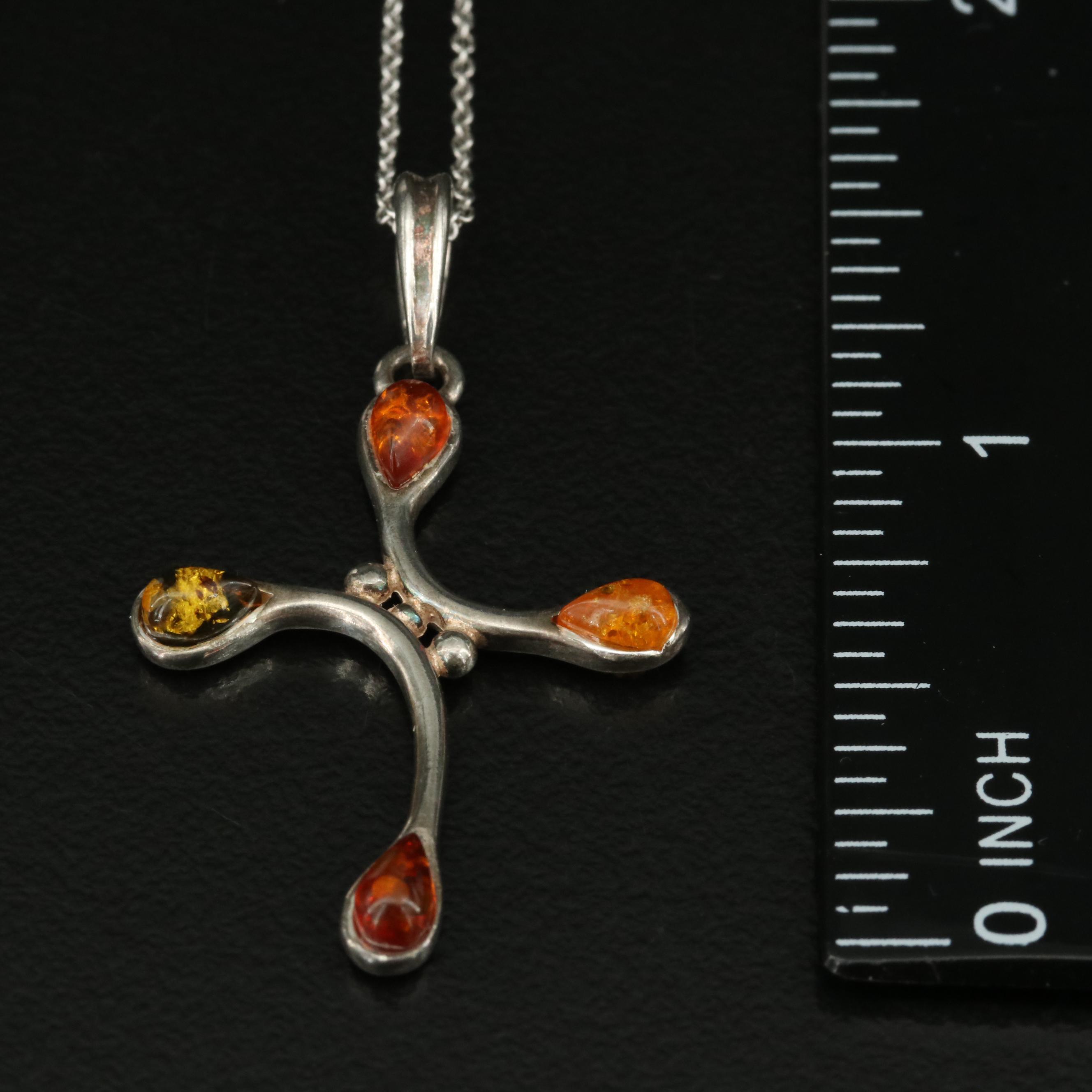 Sterling Amber Cross Pendant Necklace with Sterling Signed Necklace