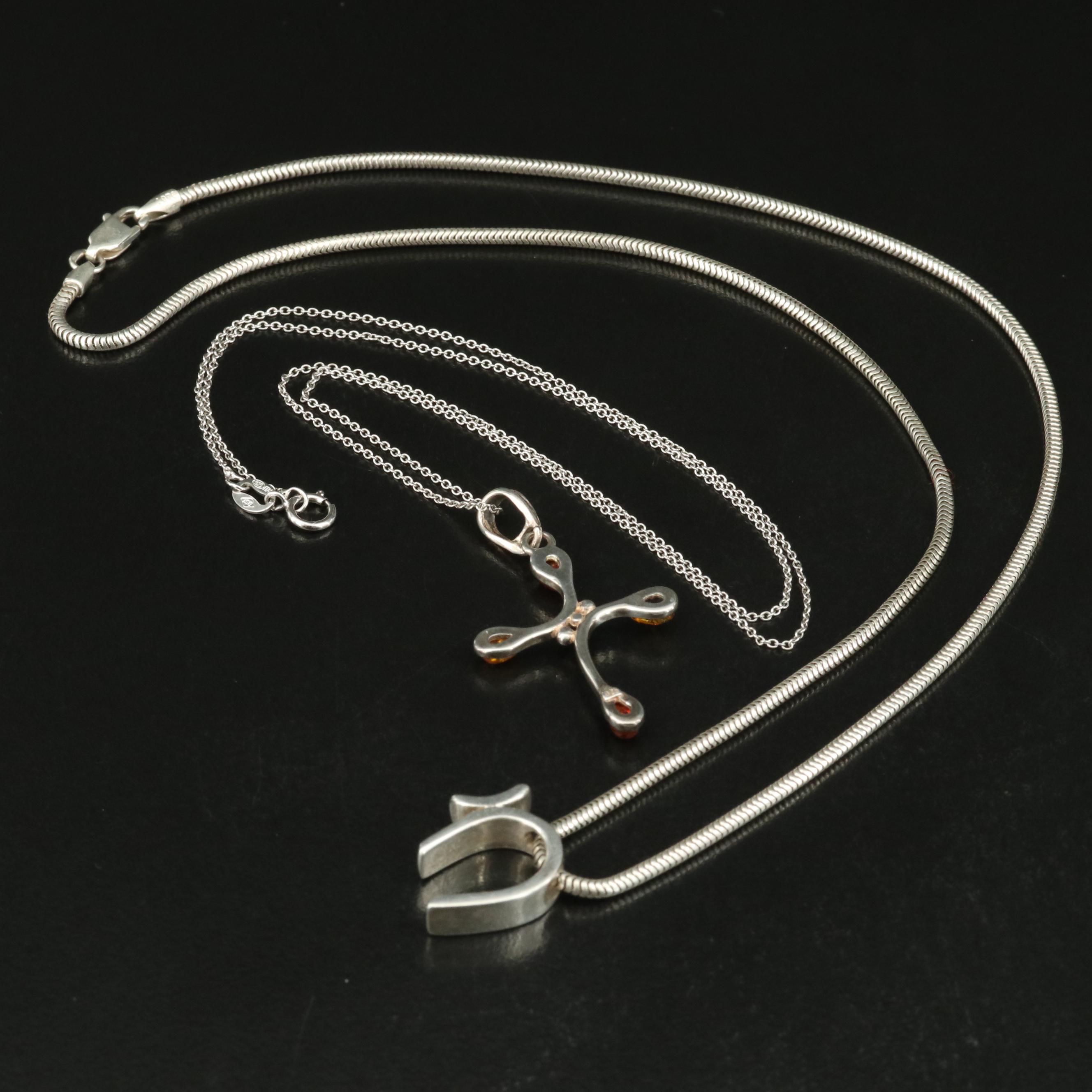 Sterling Amber Cross Pendant Necklace with Sterling Signed Necklace