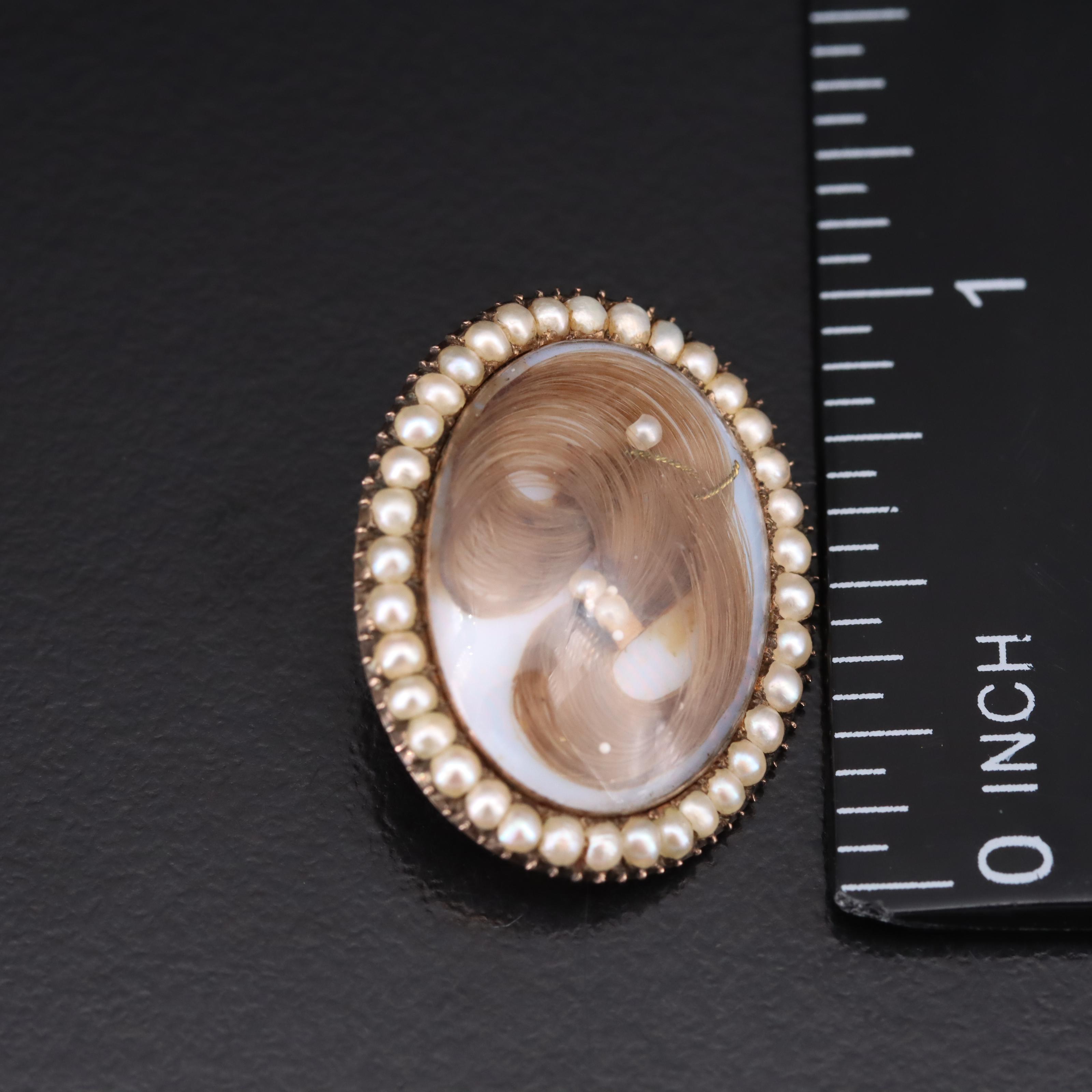 10K Seed Pearl Handkerchief Mourning Brooch with "Prince of Wales" Hair Curl