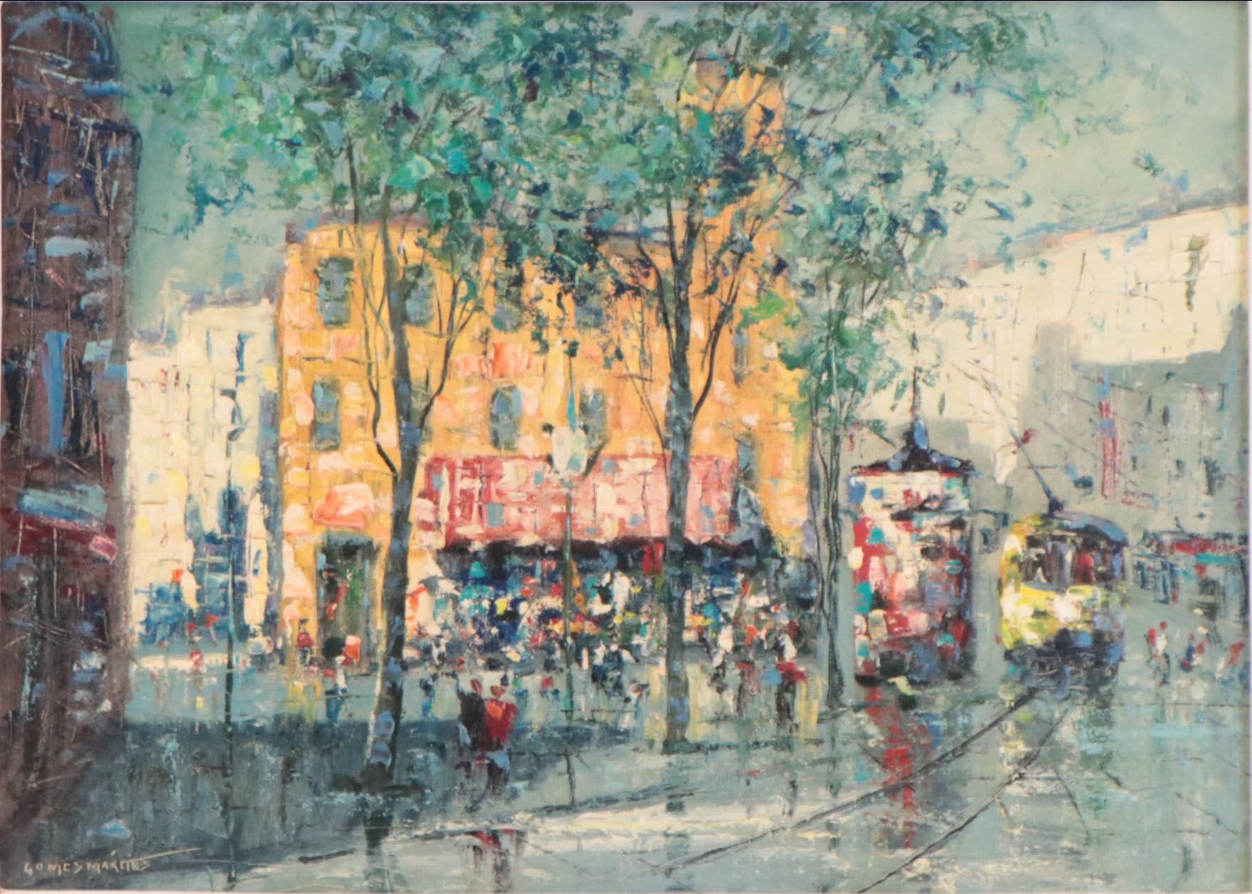 Augusto Gomes Martins Oil Painting of a Street Scene, Mid to Late 20th Century
