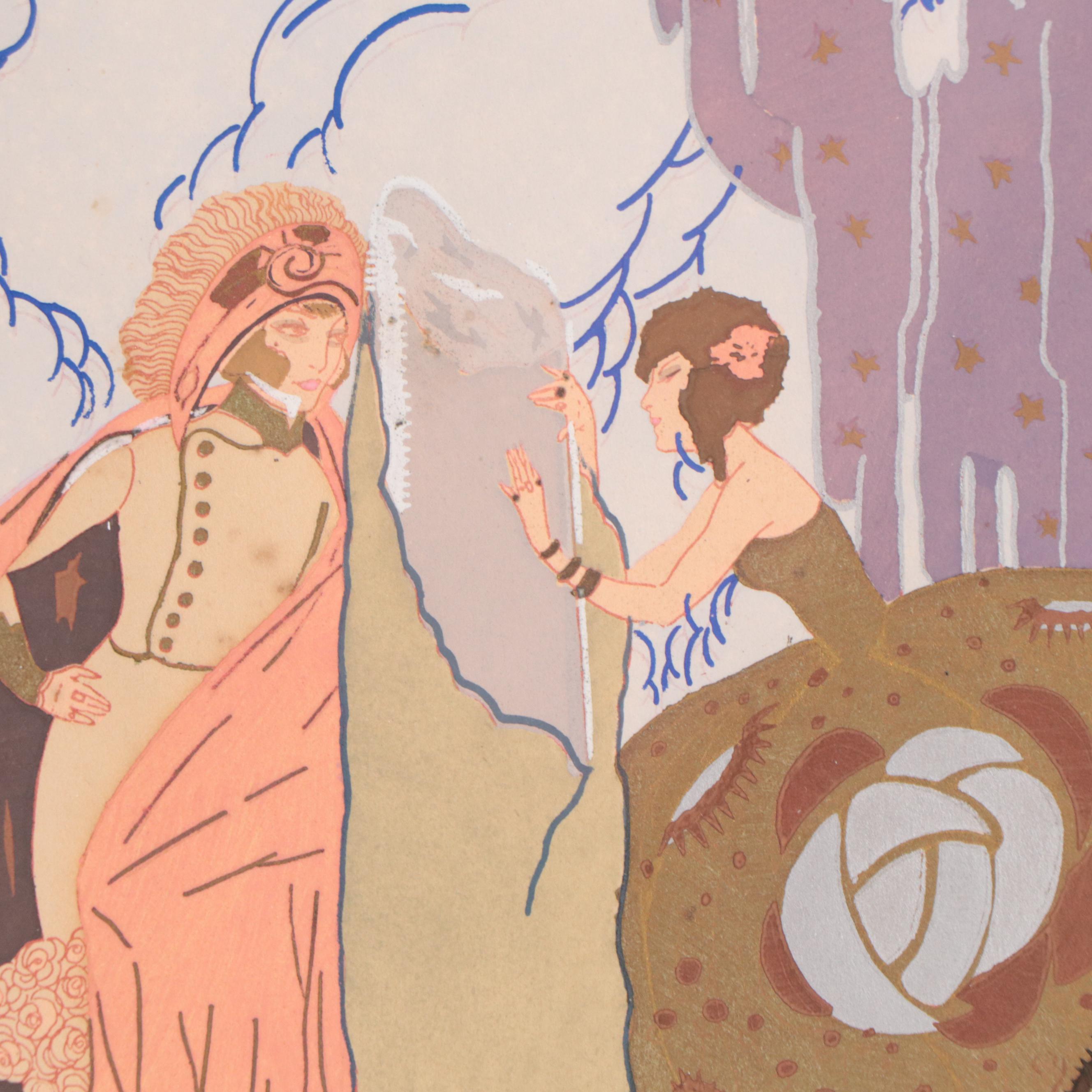 Art Deco Style Pochoir Prints of Ladies in Surreal Landscapes