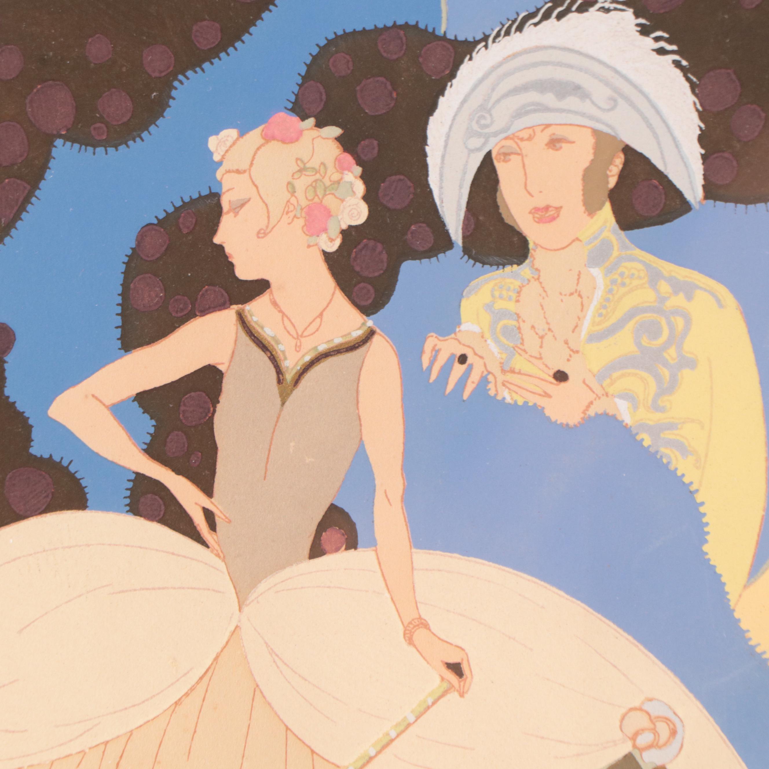 Art Deco Style Pochoir Prints of Ladies in Surreal Landscapes