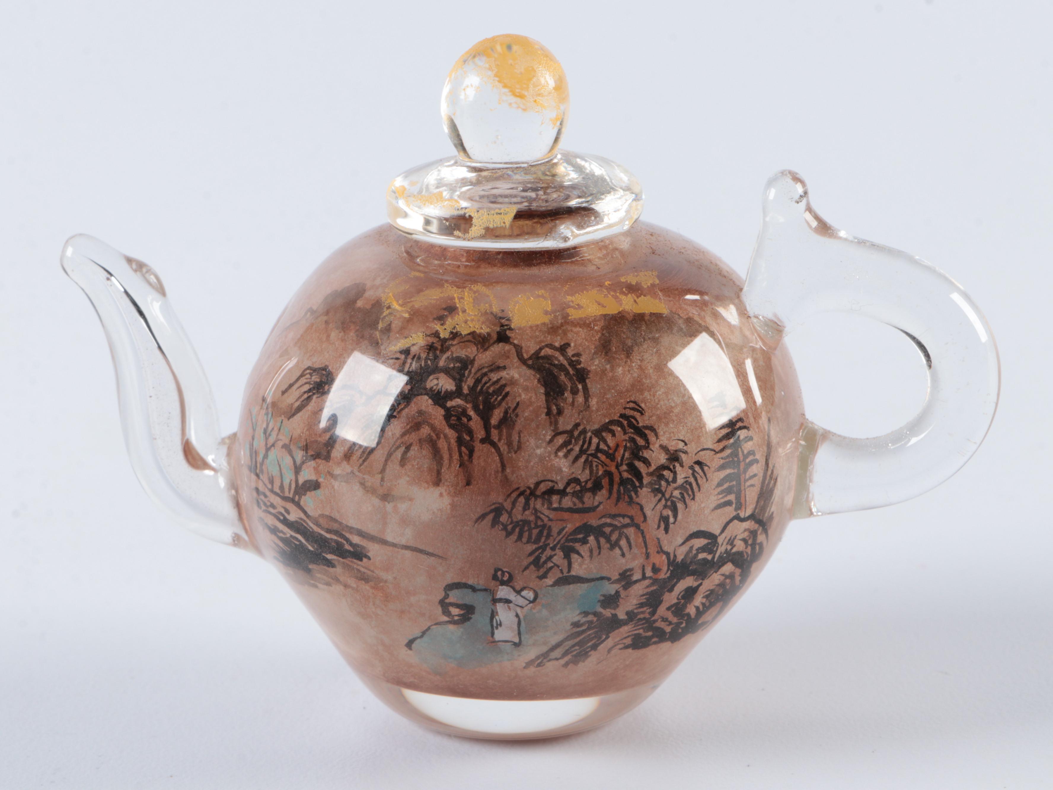 Chinese Hand-Carved Calligraphy Stone, Glass Snuff Bottle and Miniature Teapot