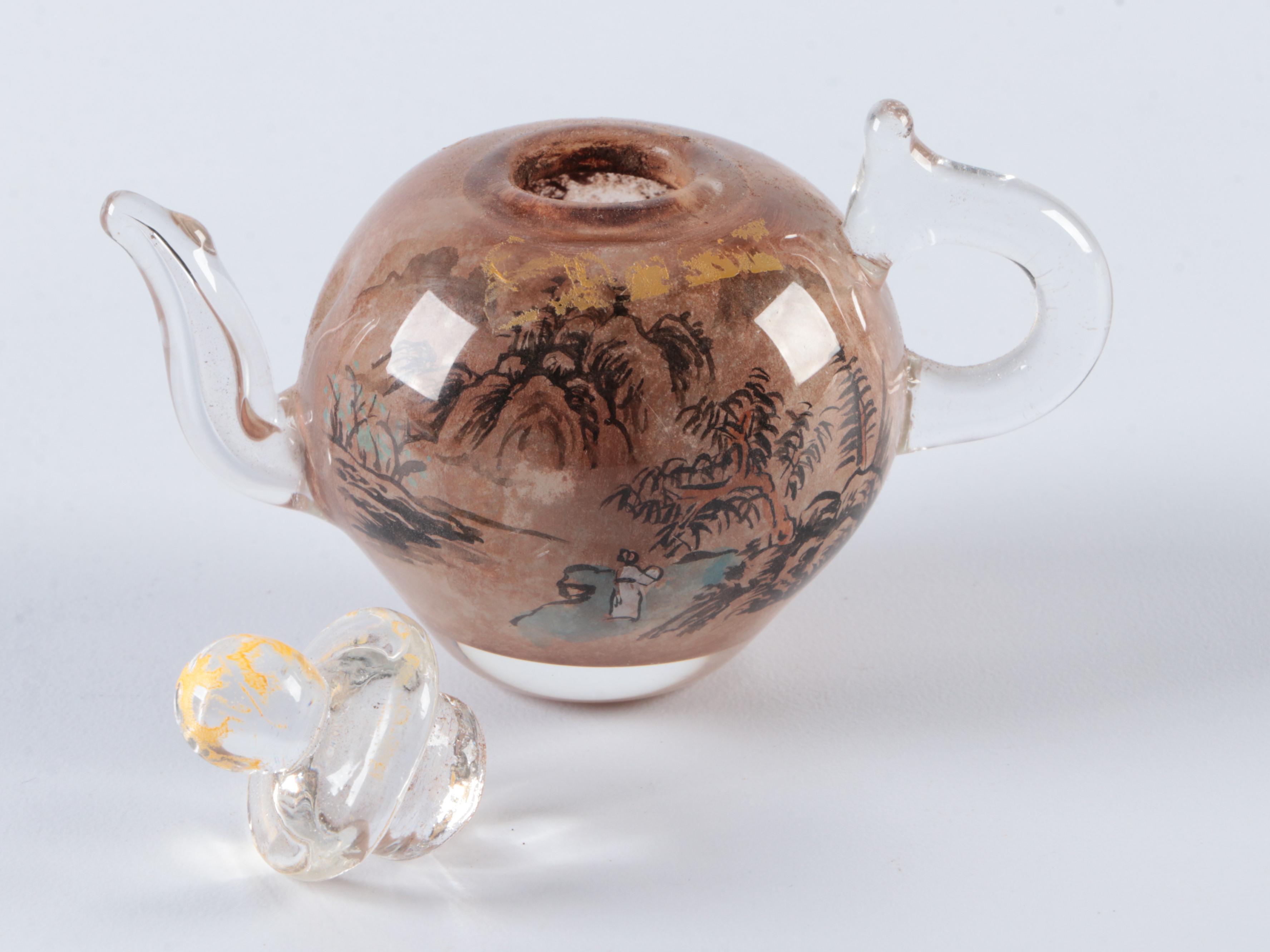 Chinese Hand-Carved Calligraphy Stone, Glass Snuff Bottle and Miniature Teapot