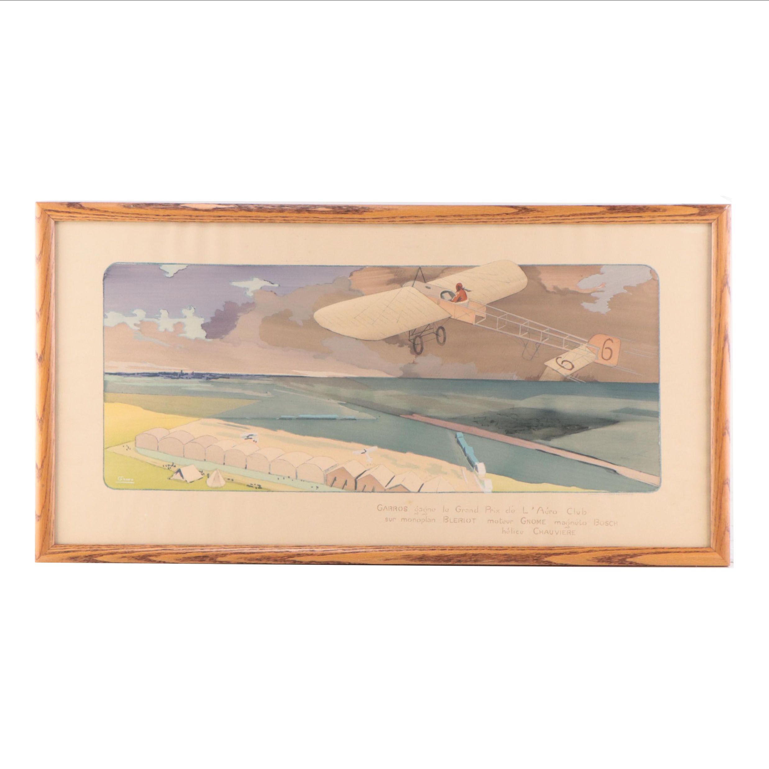 Marguerite Montaut Lithograph "Garros Gagne le Grand Prix de l'Aero Club"