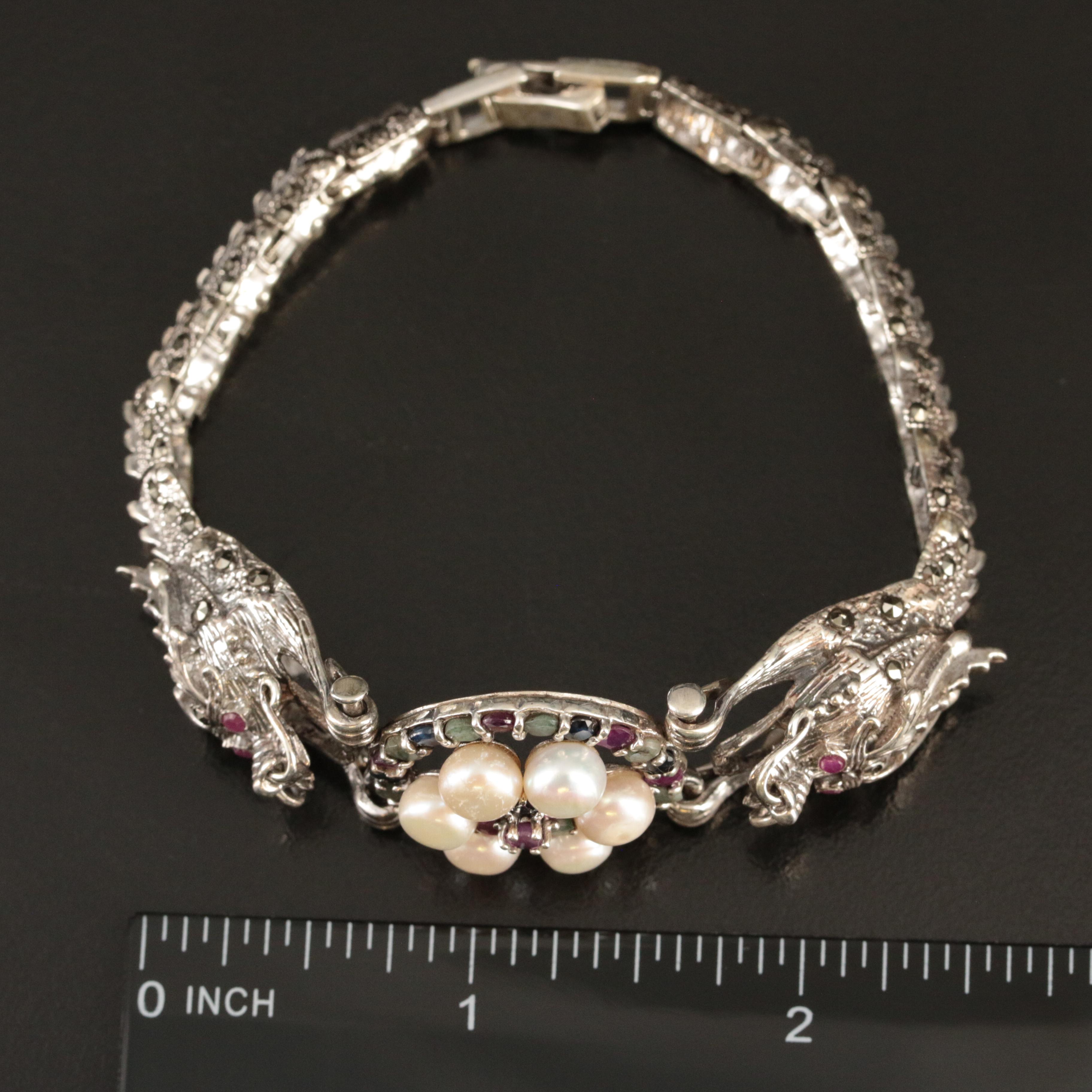 Sterling Eastern Dragon Including Pearl, Ruby and Sapphire