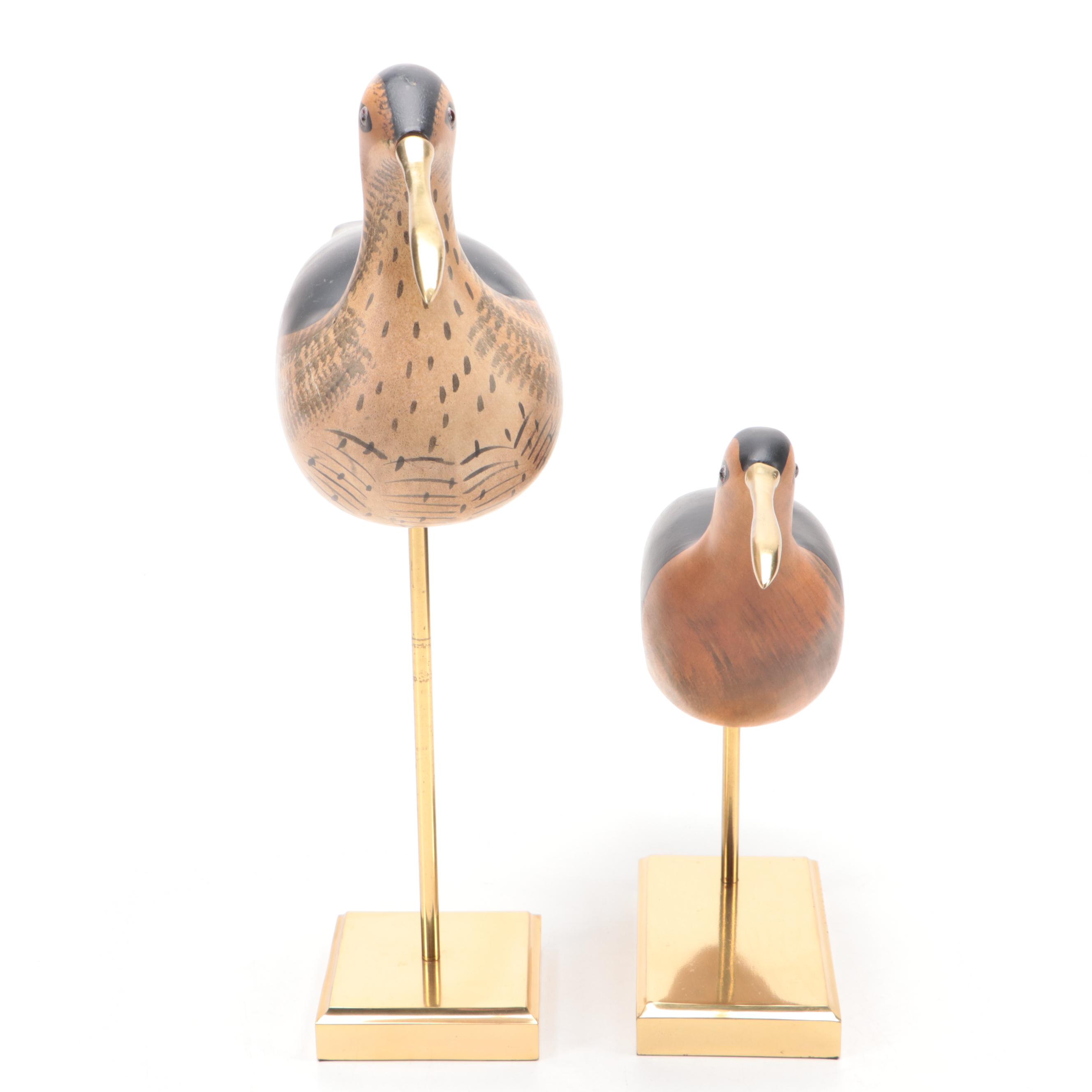 Hand-Painted Carved Wood and Brass Shore Bird Figurines