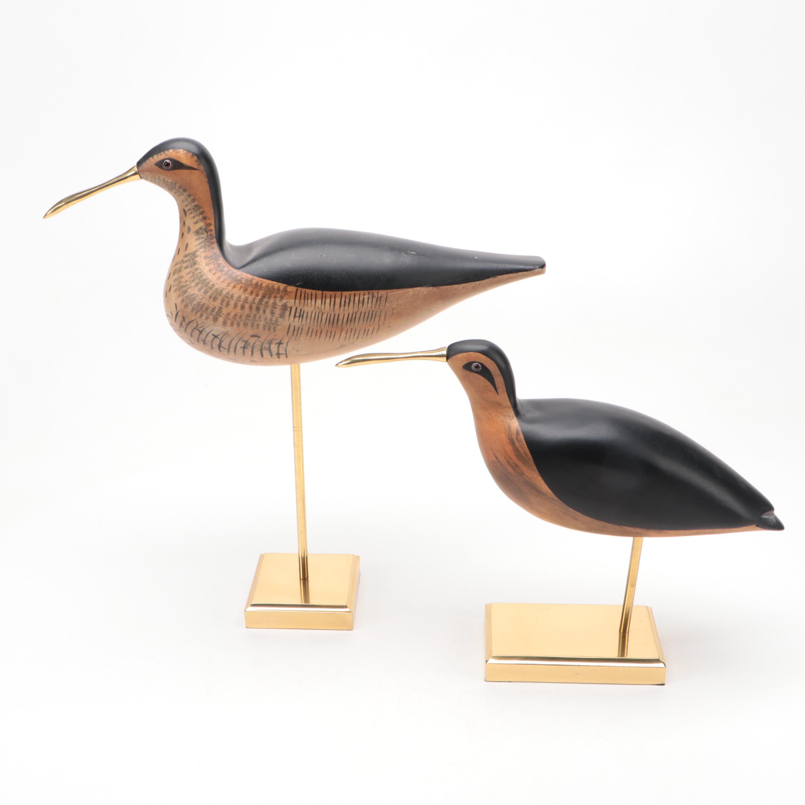 Hand-Painted Carved Wood and Brass Shore Bird Figurines