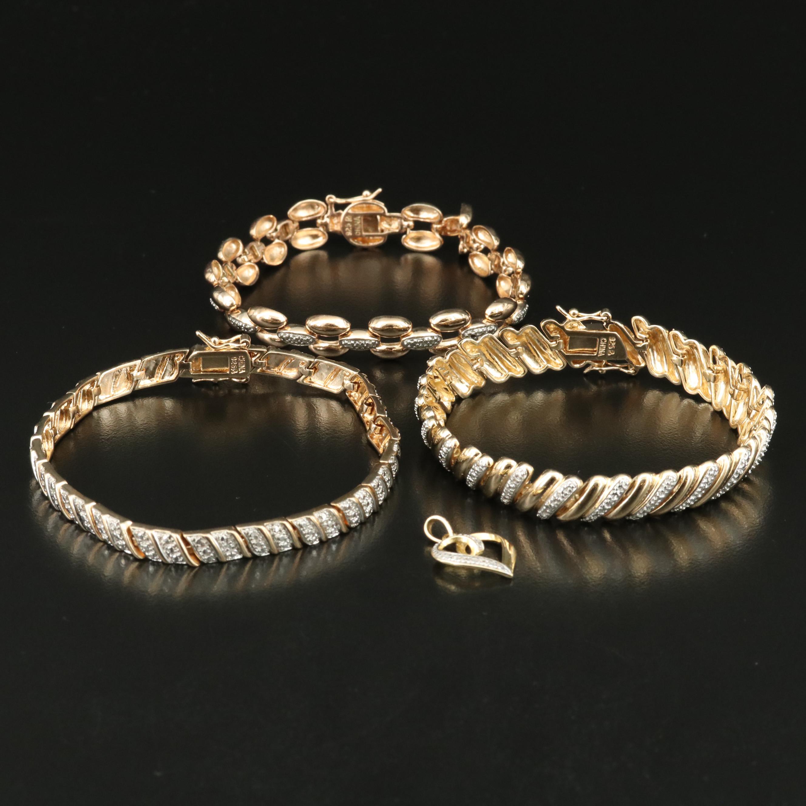 Sterling Bracelets and Heart Pendant with Diamond Accents