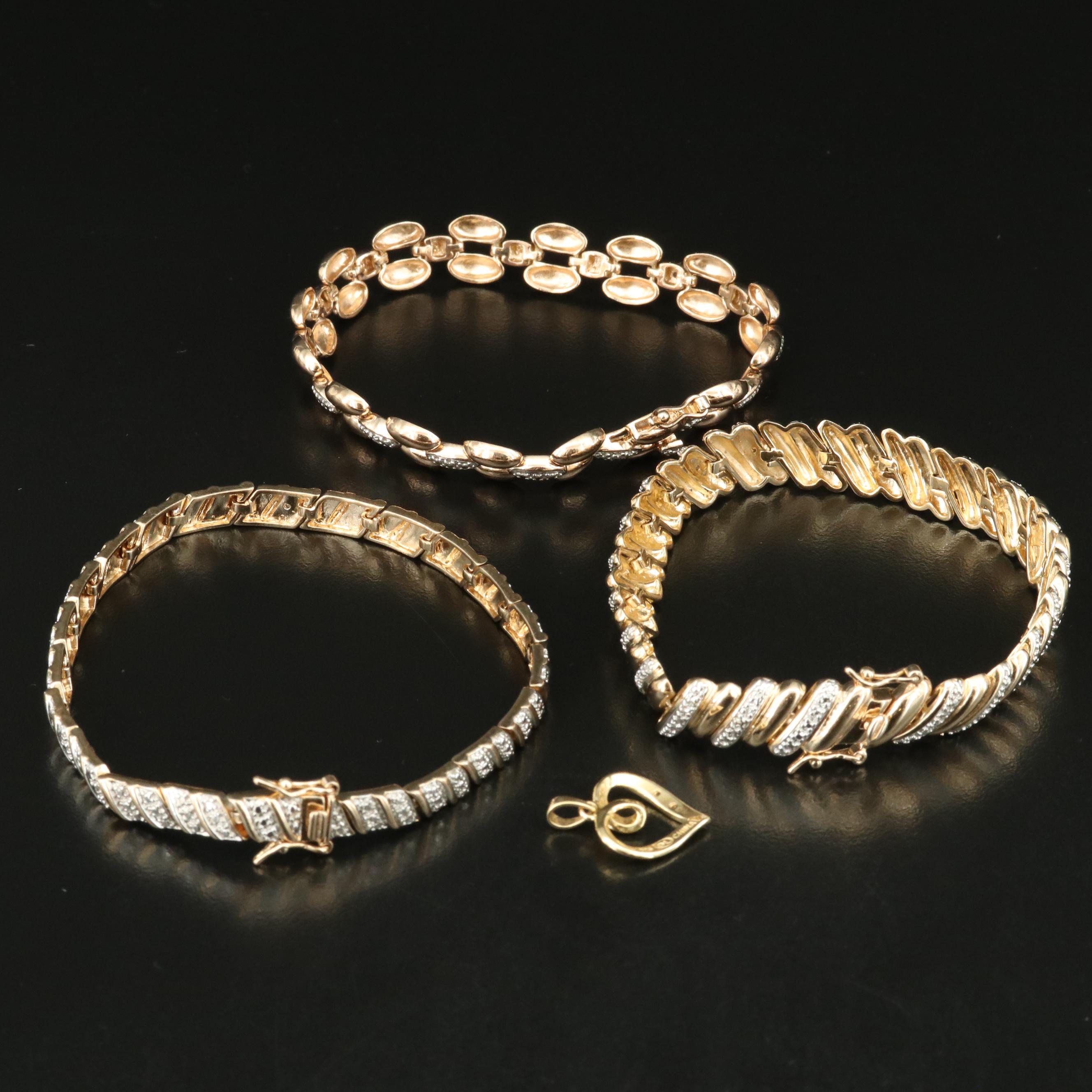 Sterling Bracelets and Heart Pendant with Diamond Accents