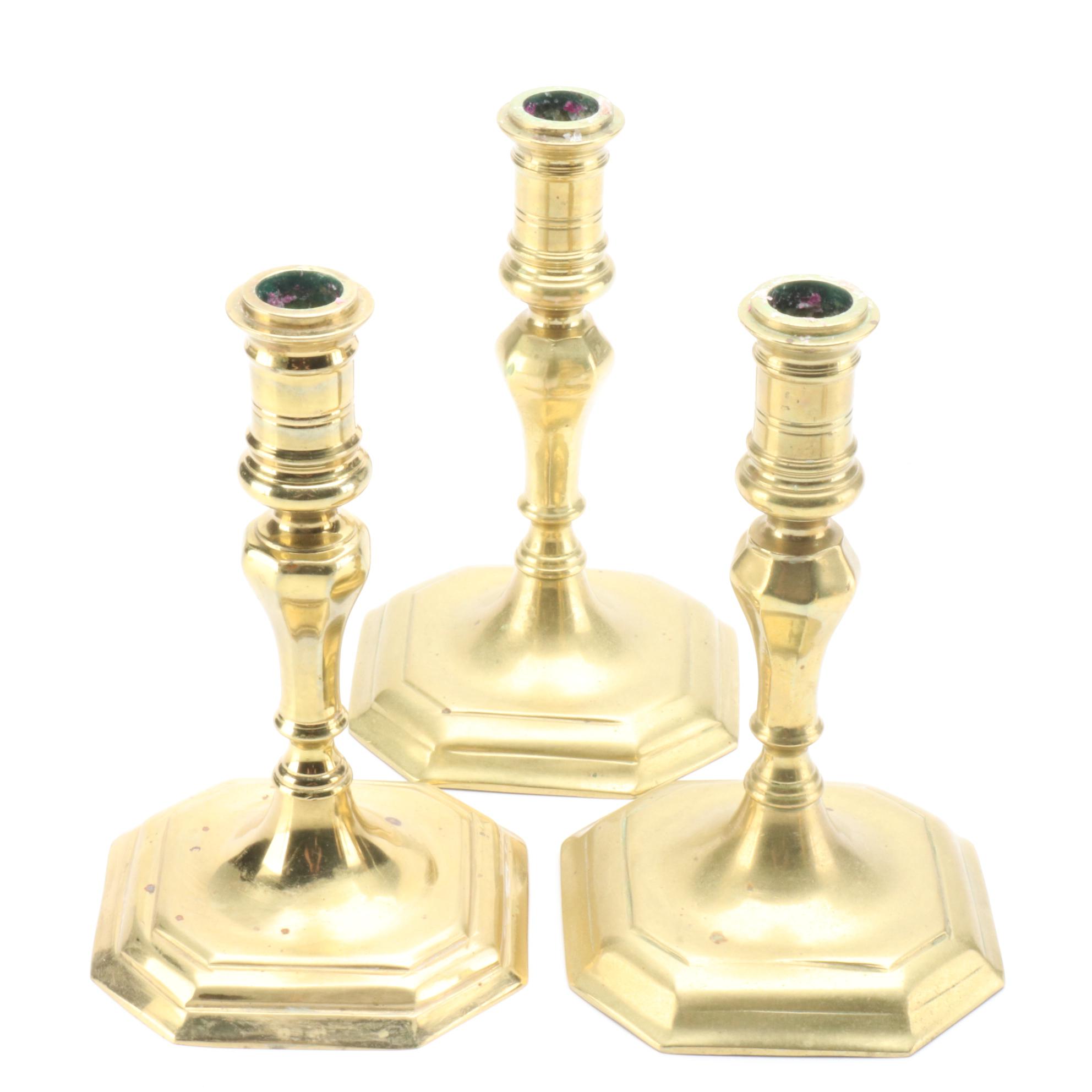 Federal Style Virginia Metalcrafters and Other Turned Brass Candlesticks