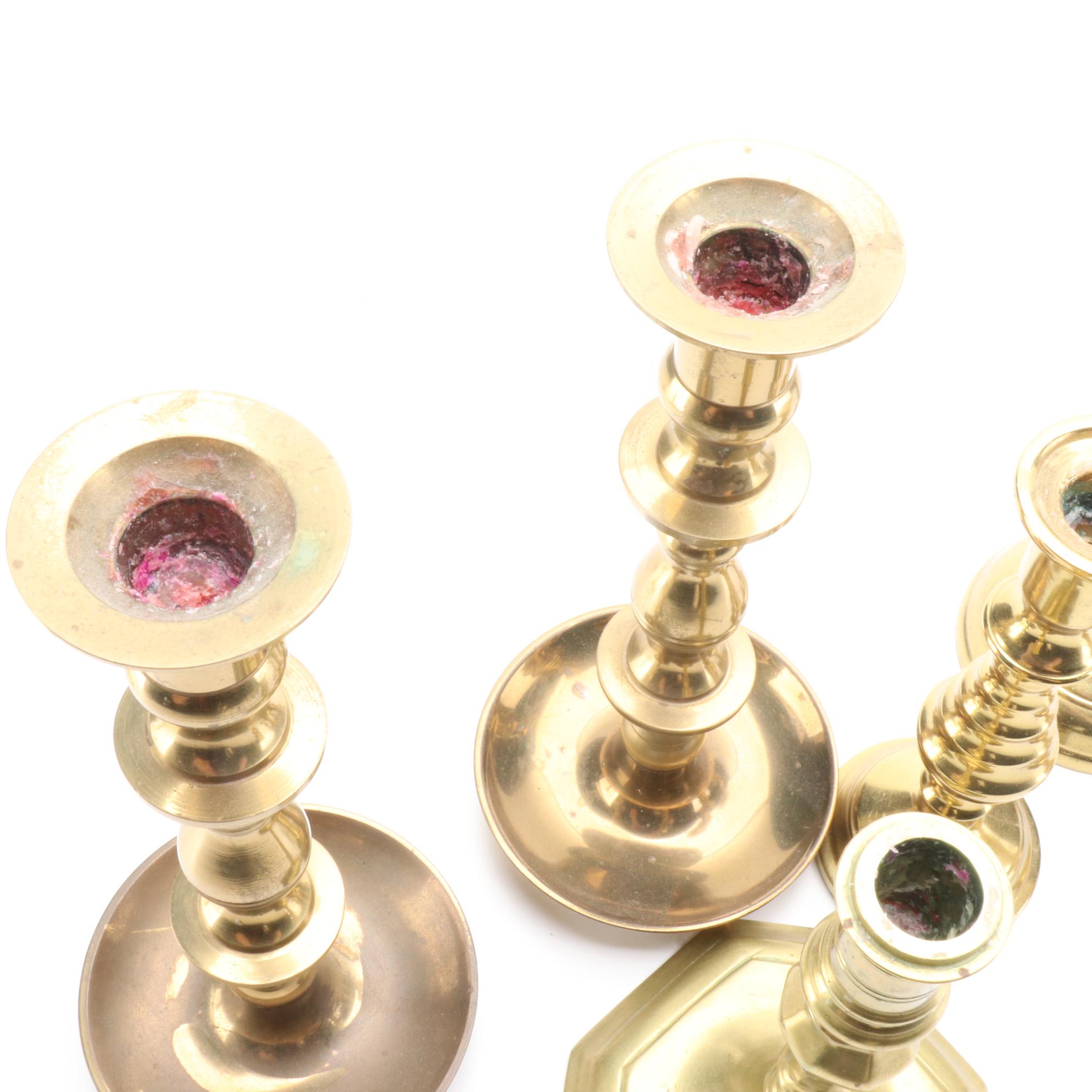 Federal Style Virginia Metalcrafters and Other Turned Brass Candlesticks