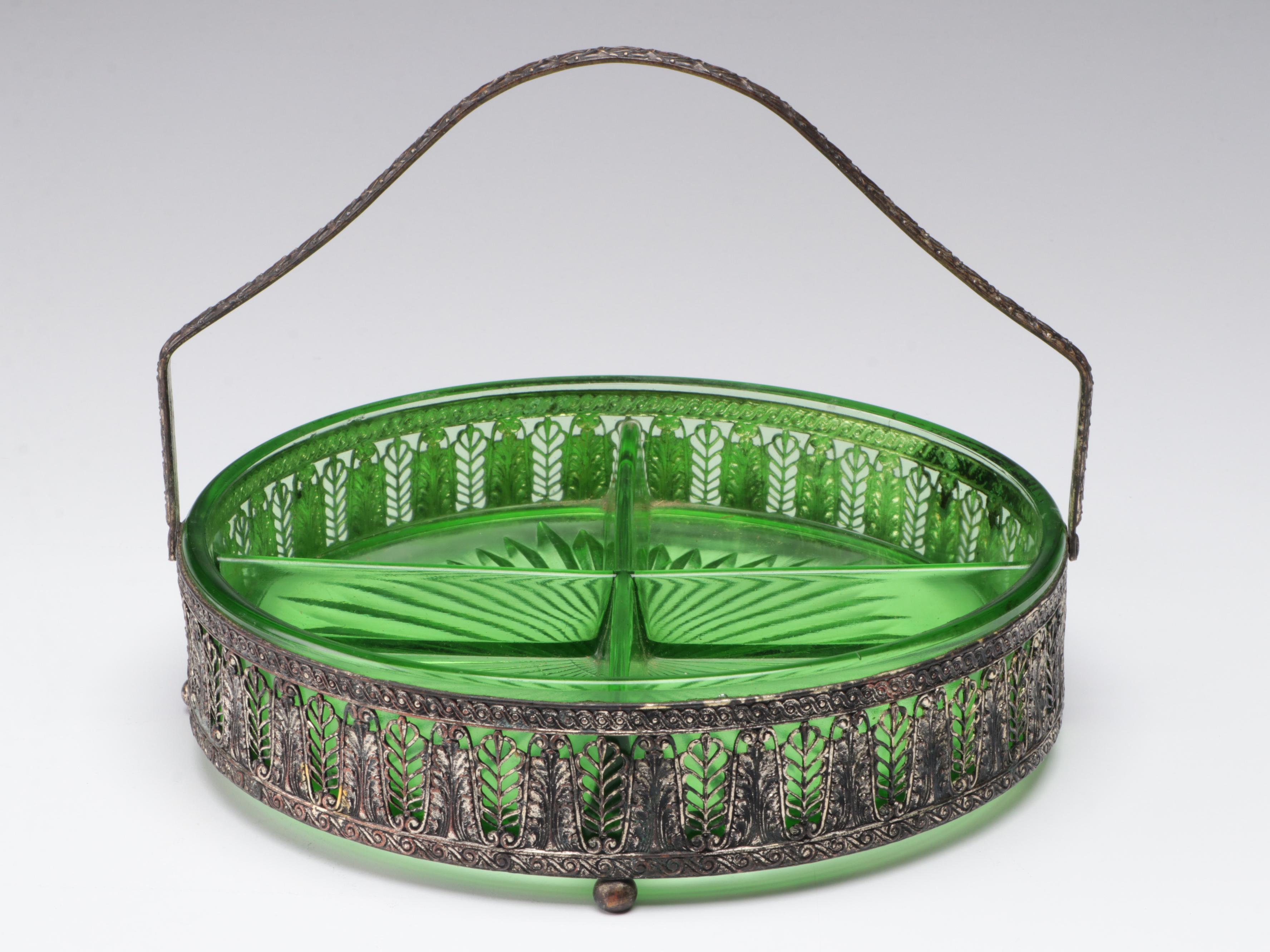 Green Depression Glass Candy Dish with More Glass Table Accessories