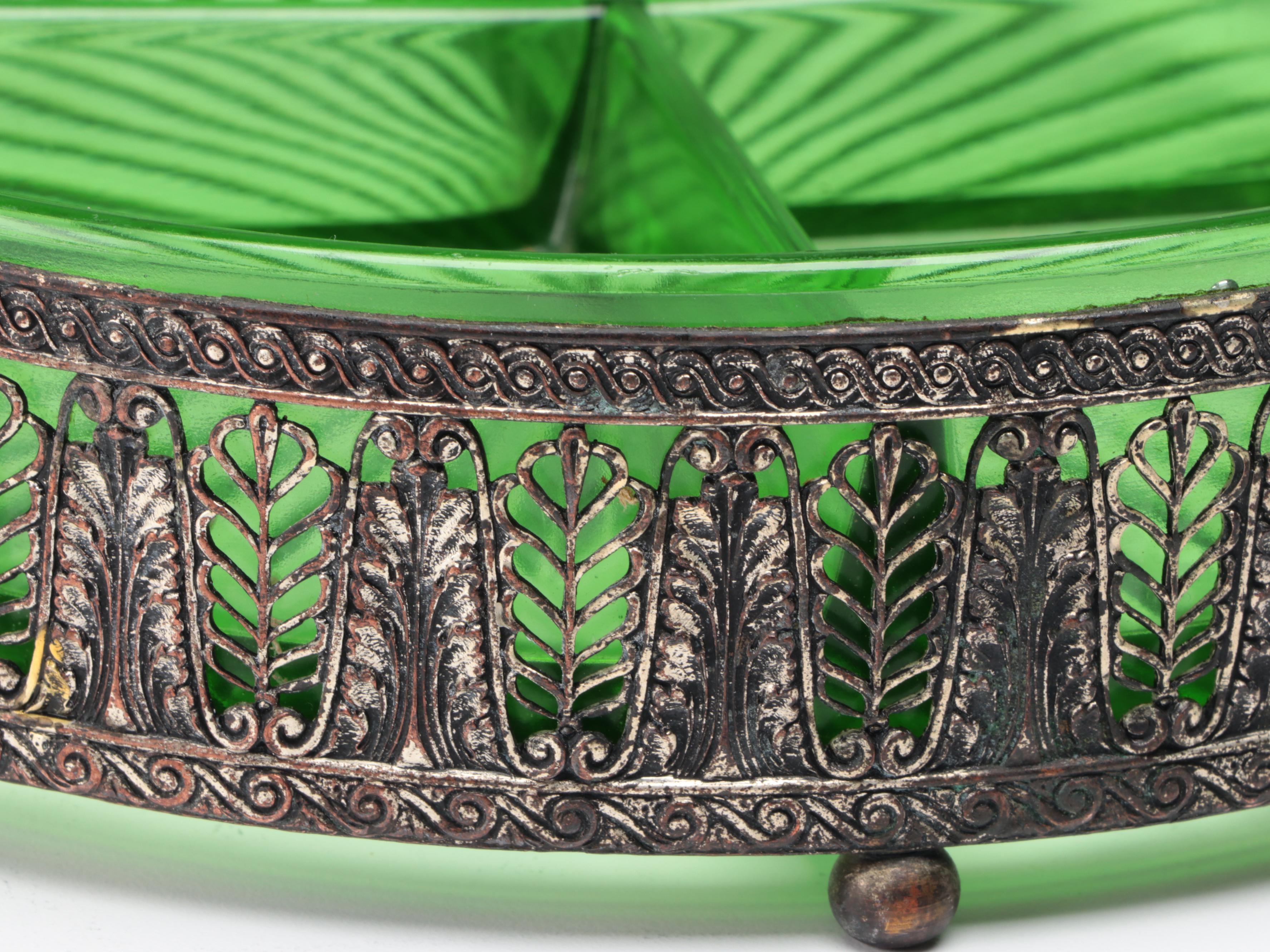 Green Depression Glass Candy Dish with More Glass Table Accessories