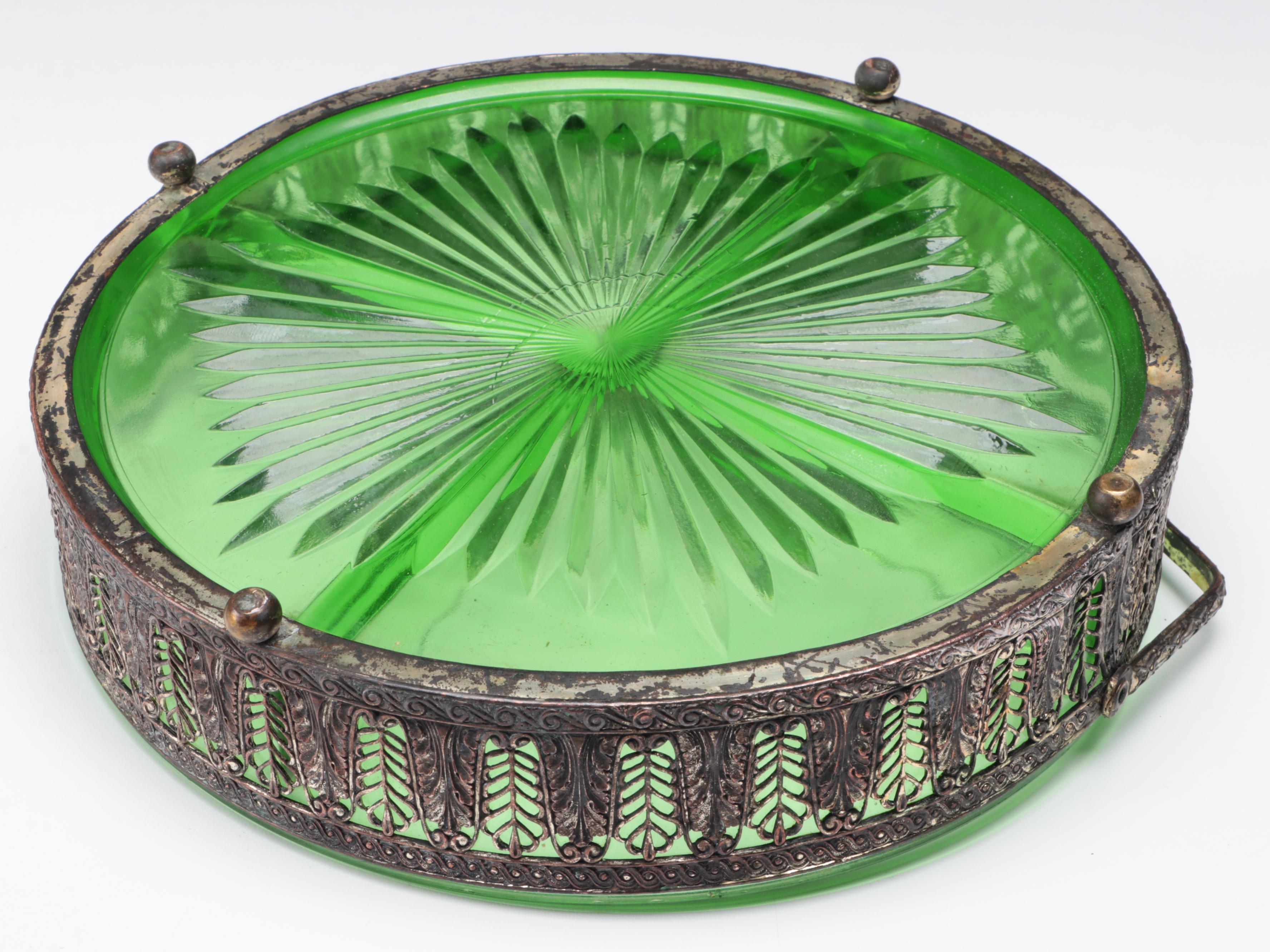 Green Depression Glass Candy Dish with More Glass Table Accessories