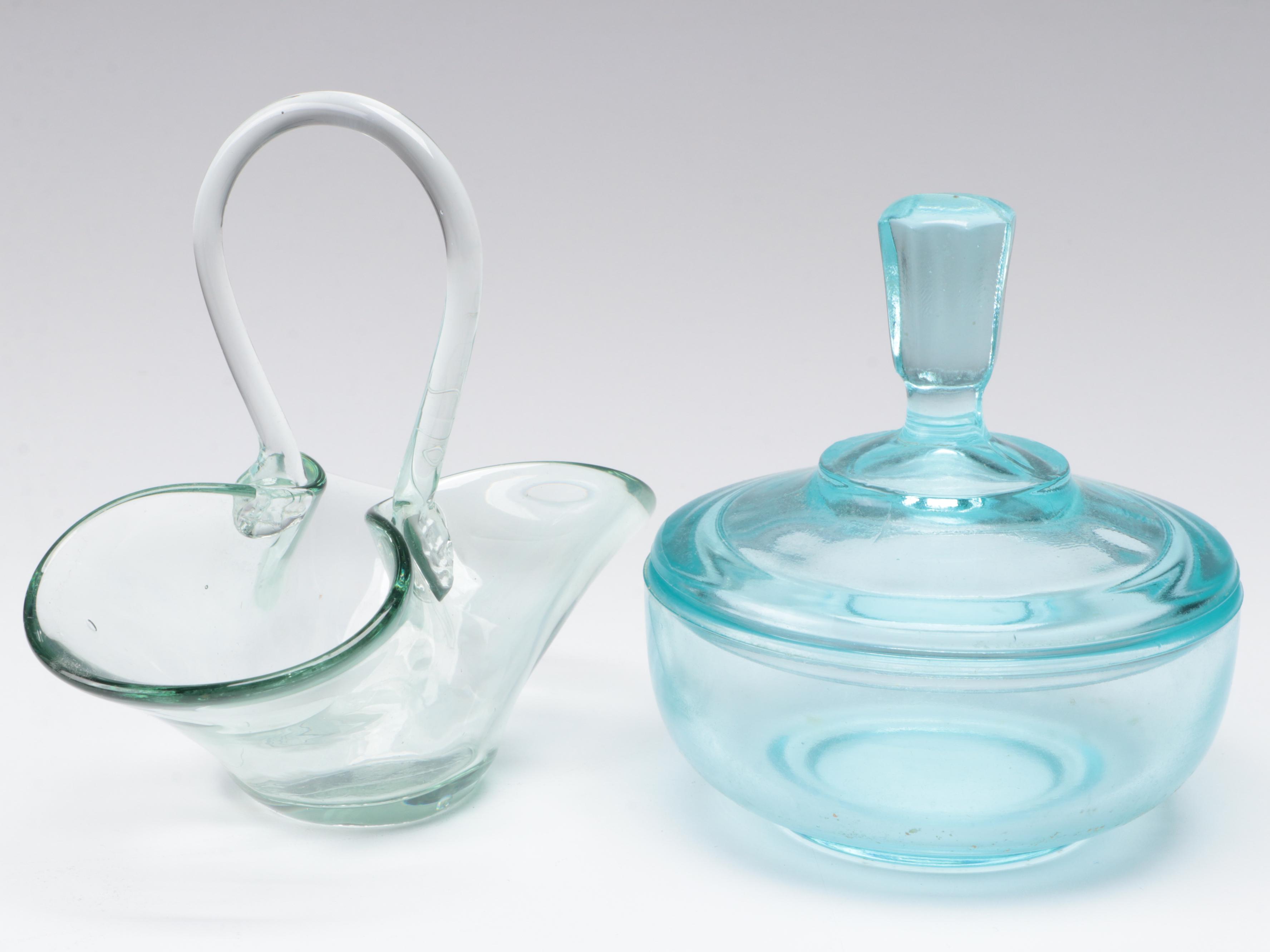 Green Depression Glass Candy Dish with More Glass Table Accessories