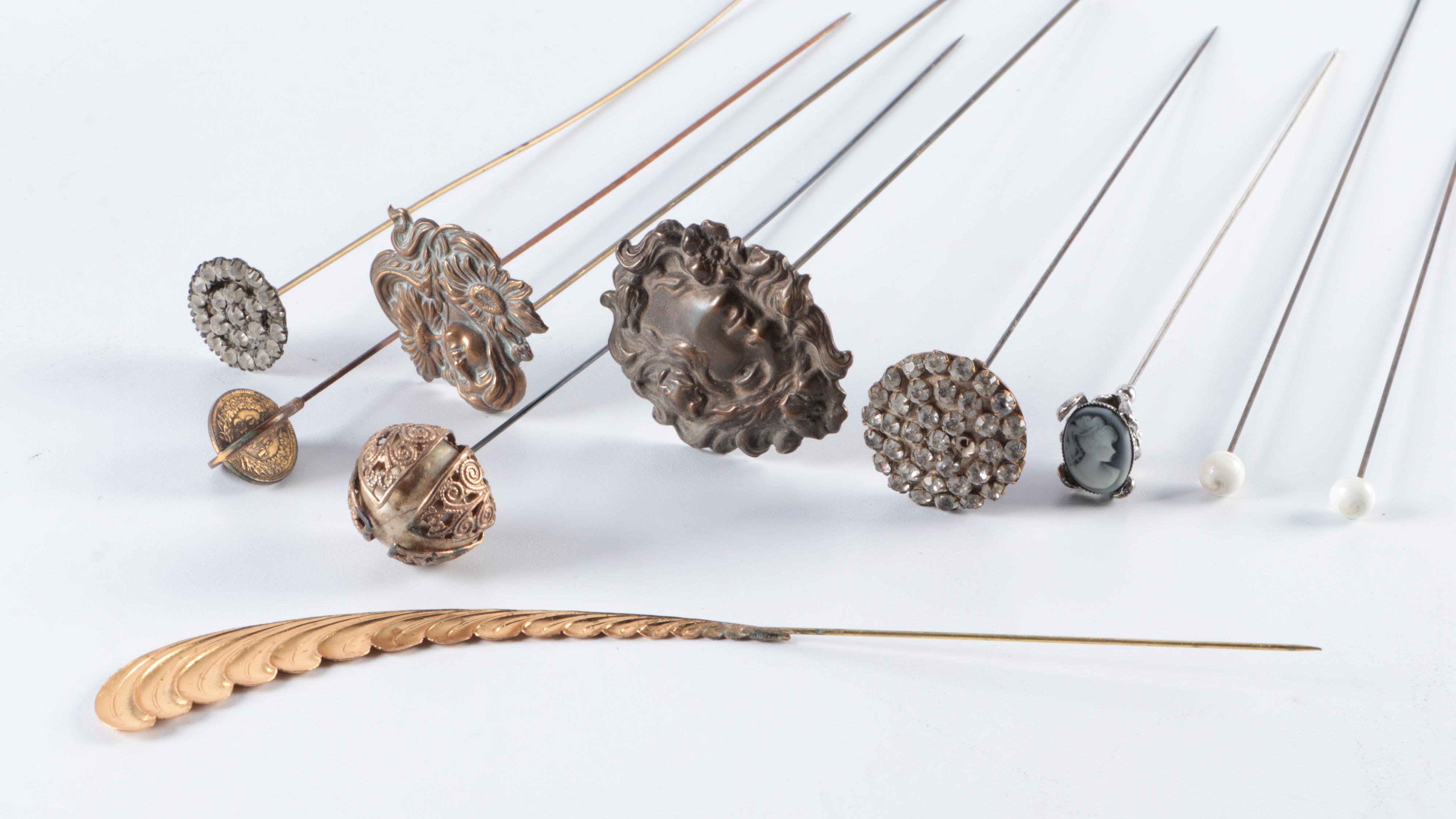 Rhinestone Embellished and More Hat Pins with German Porcelain Hat Pin Holder