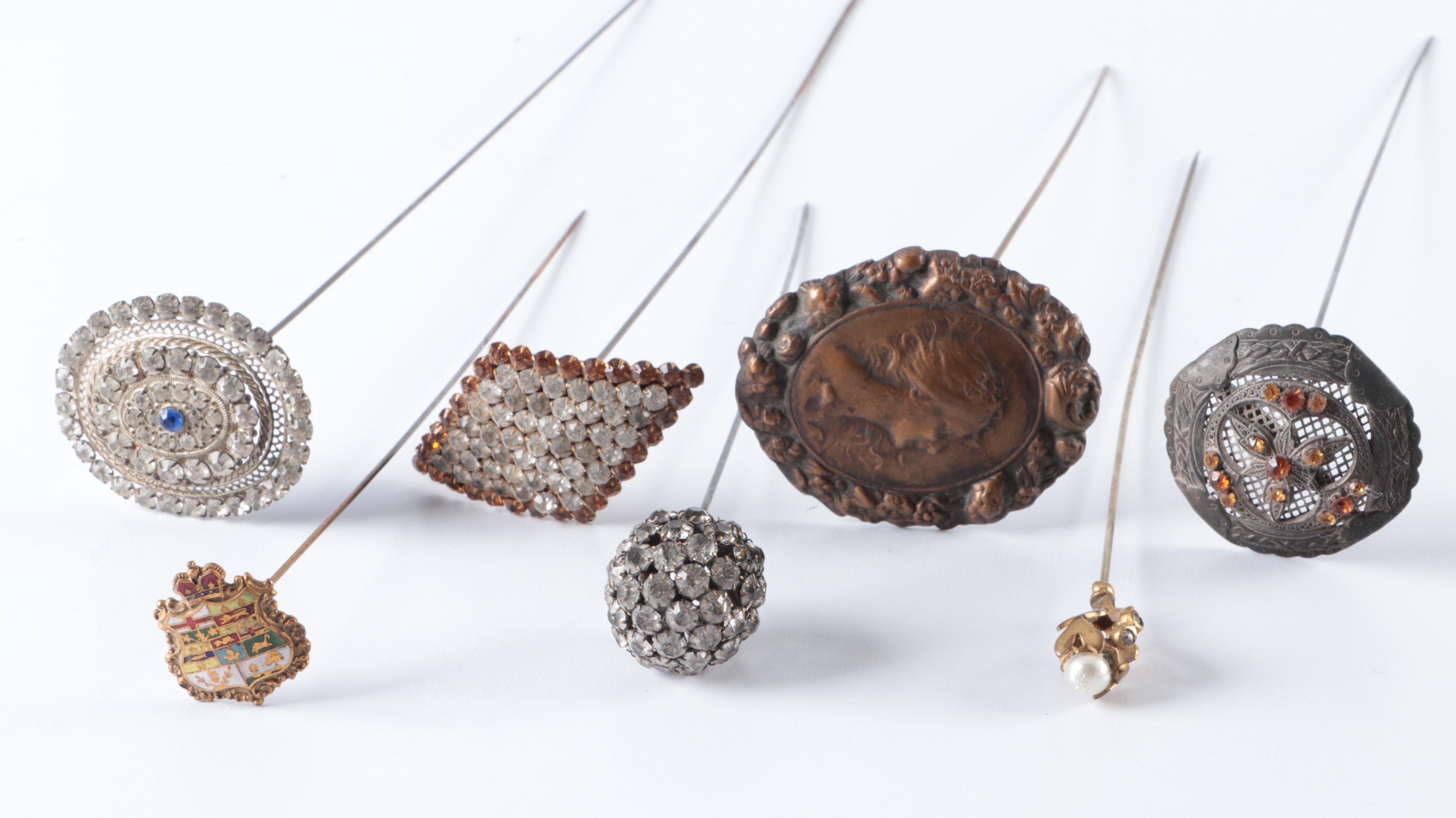 Rhinestone Embellished and More Hat Pins with German Porcelain Hat Pin Holder