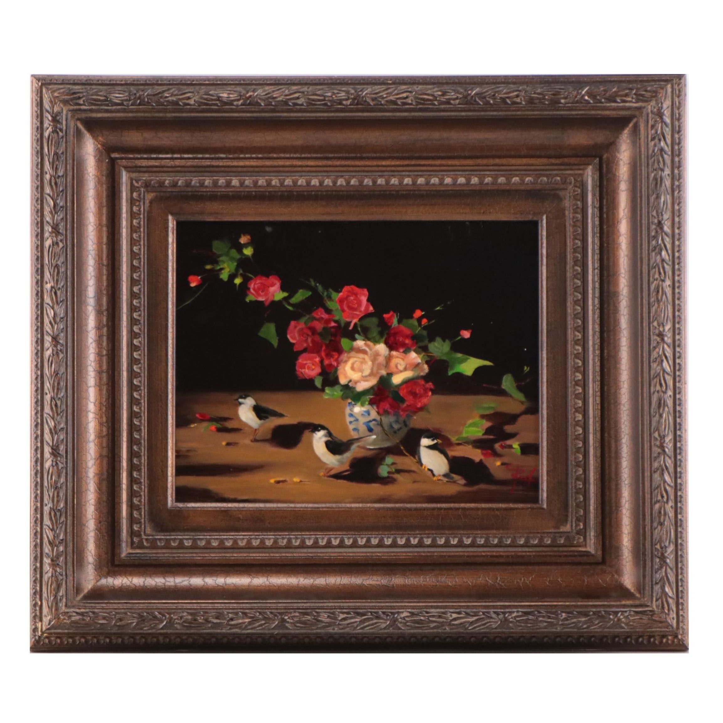 Oil Painting of a Floral Still Life with Birds