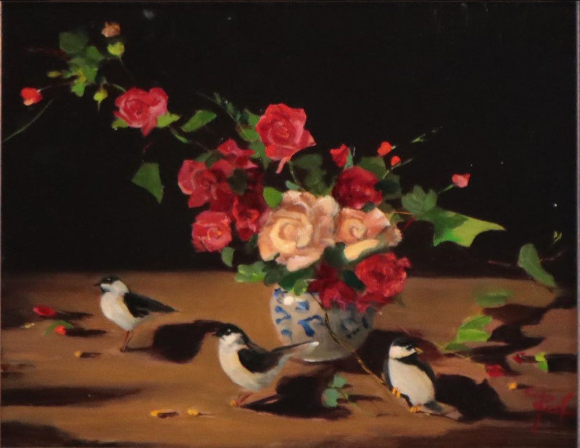 Oil Painting of a Floral Still Life with Birds