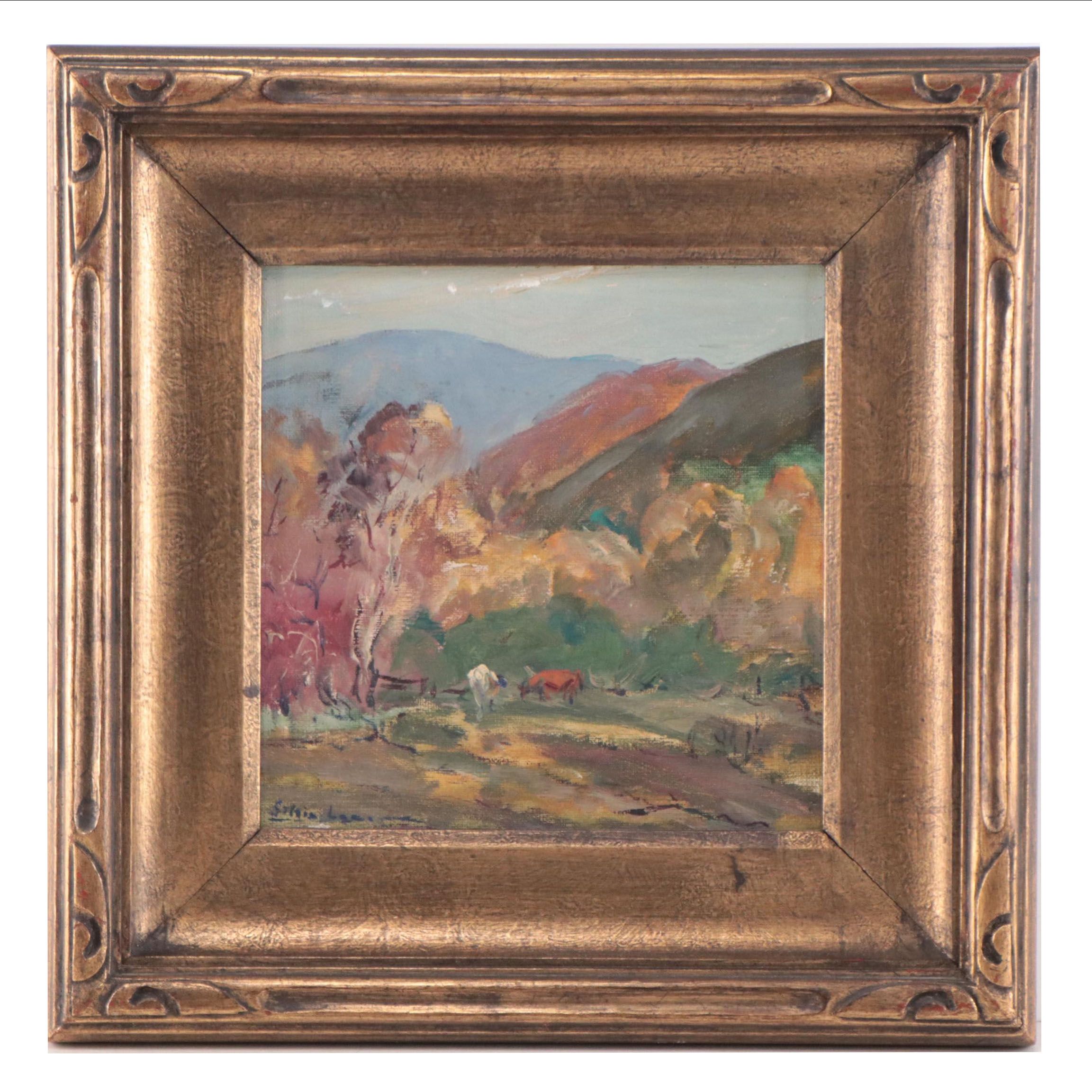 Oil Painting of Cows in Alpine Landscape