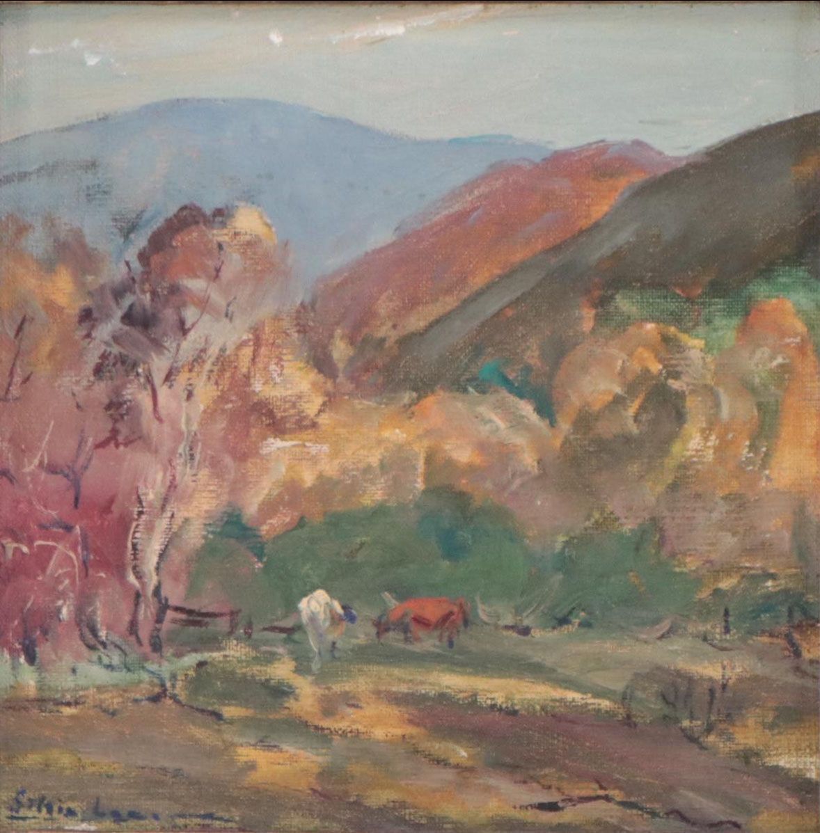 Oil Painting of Cows in Alpine Landscape