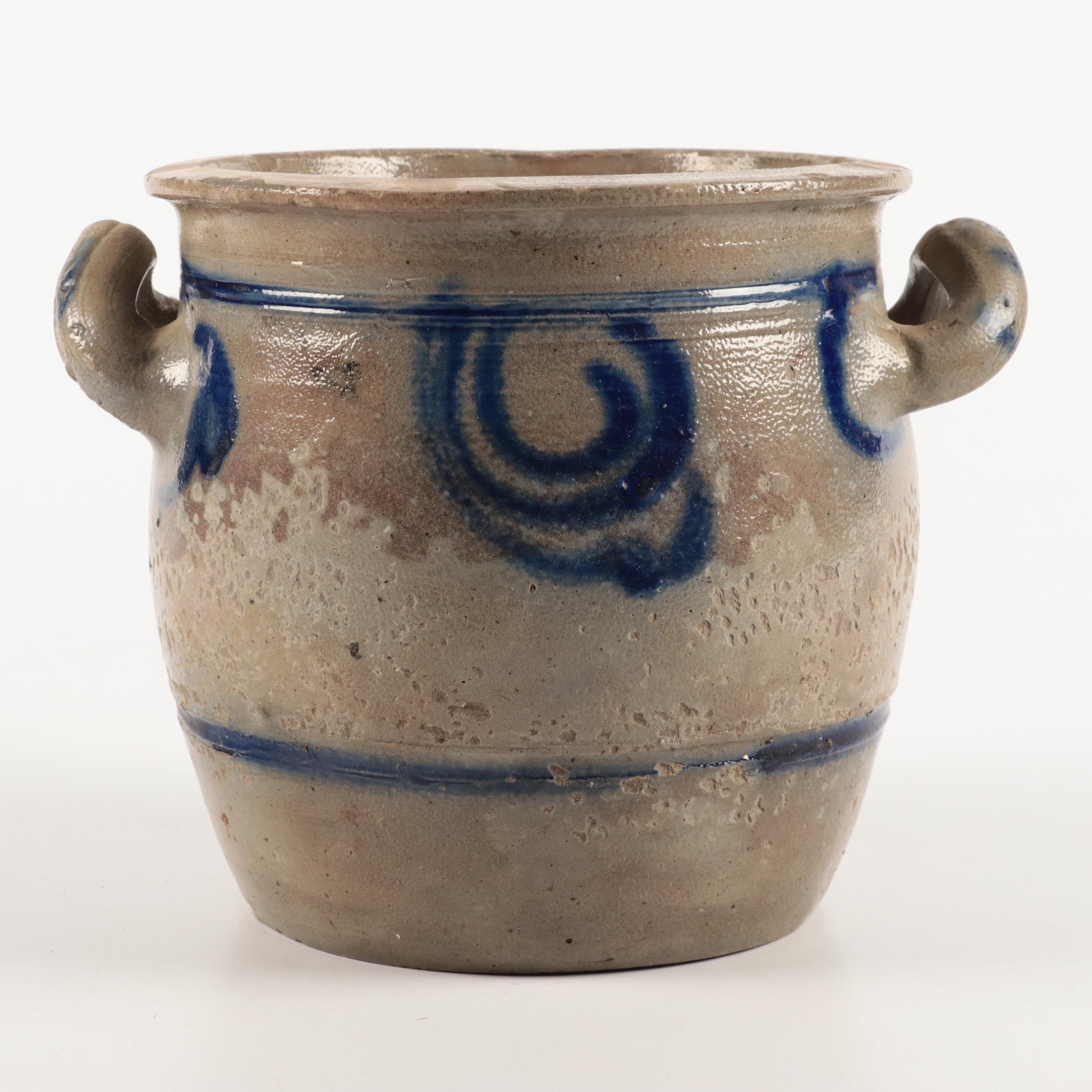 French Betschdorf Stoneware Crocks with Freehand Cobalt Accents
