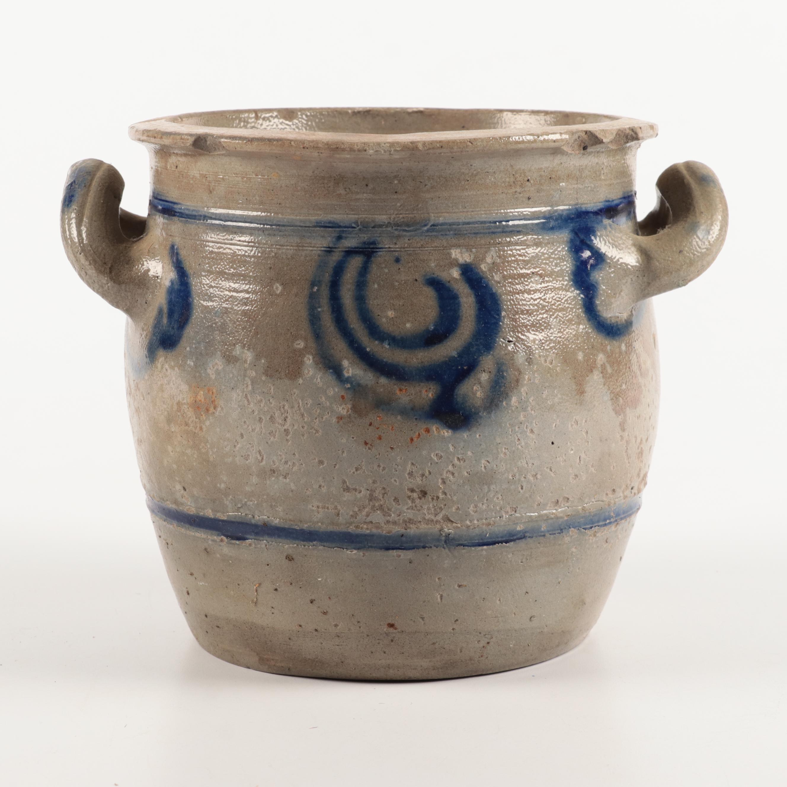 French Betschdorf Stoneware Crocks with Freehand Cobalt Accents