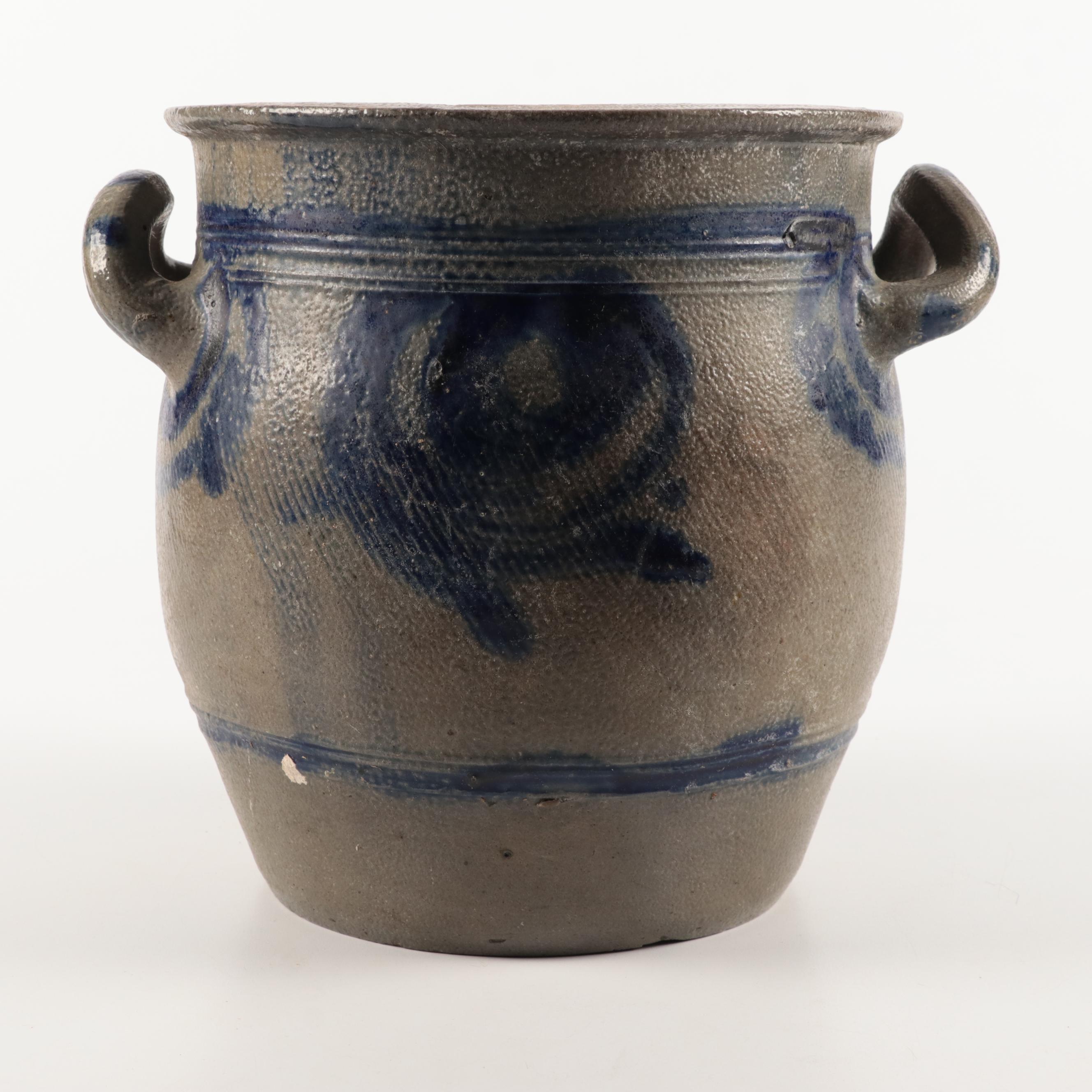 French Betschdorf Stoneware Crocks with Freehand Cobalt Accents