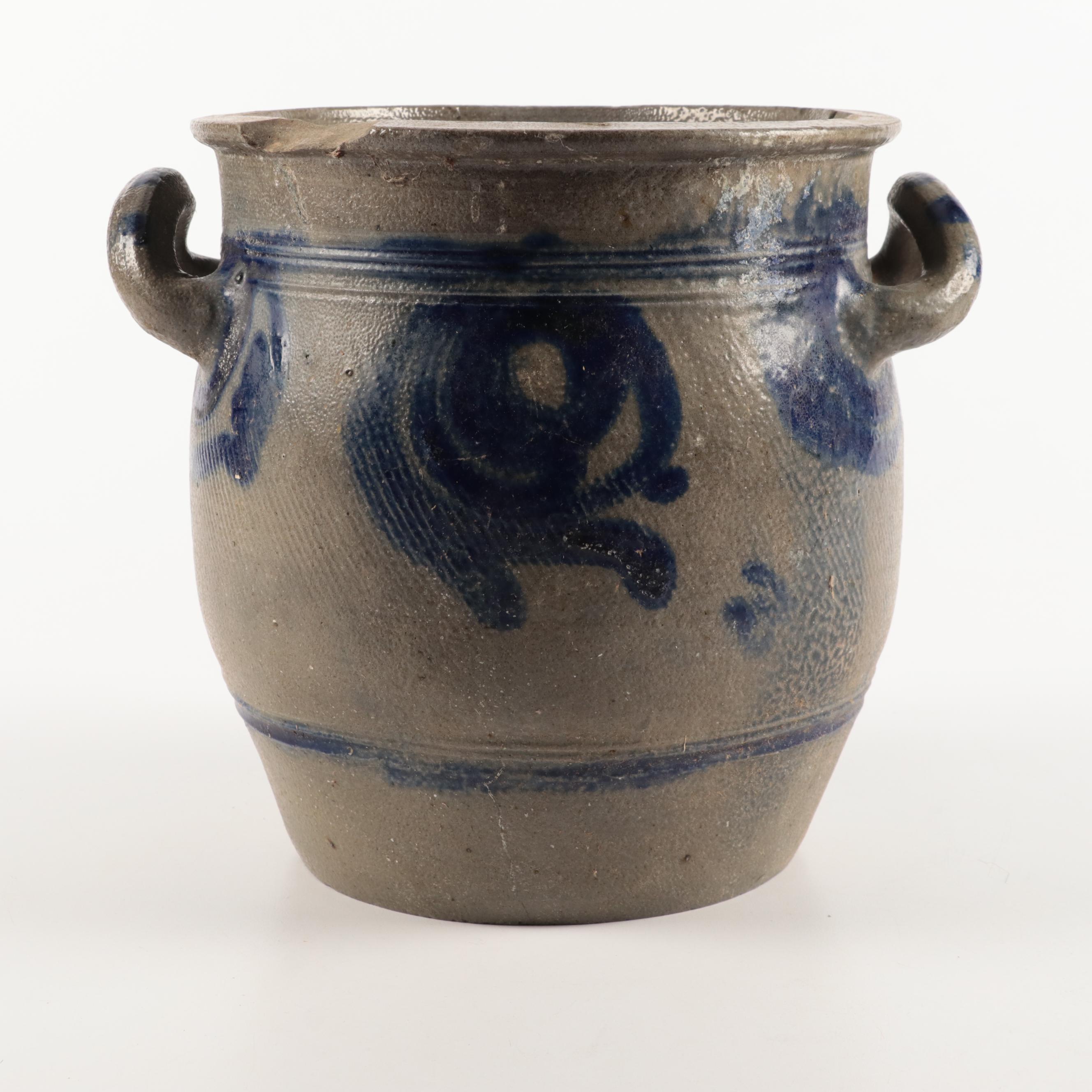 French Betschdorf Stoneware Crocks with Freehand Cobalt Accents
