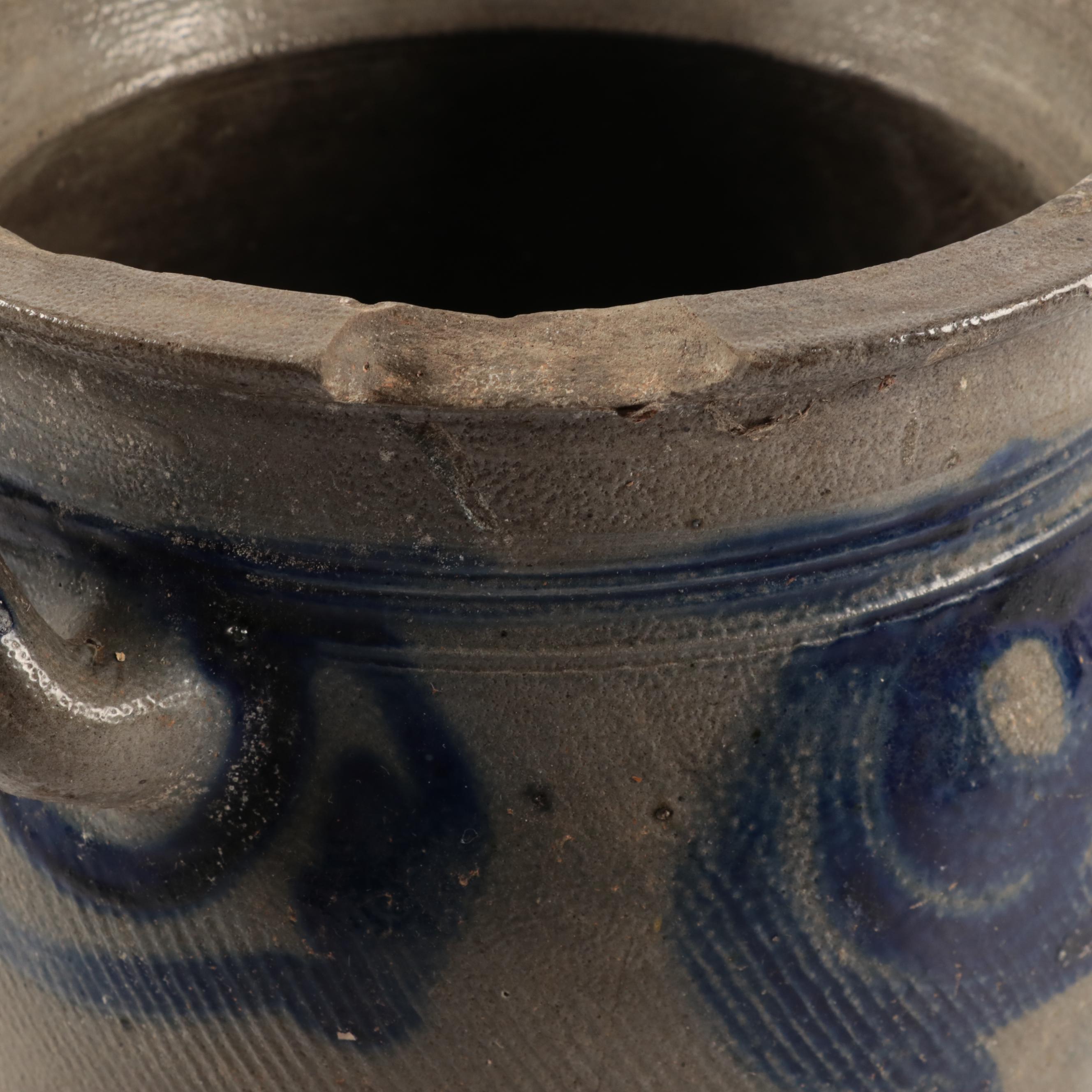 French Betschdorf Stoneware Crocks with Freehand Cobalt Accents