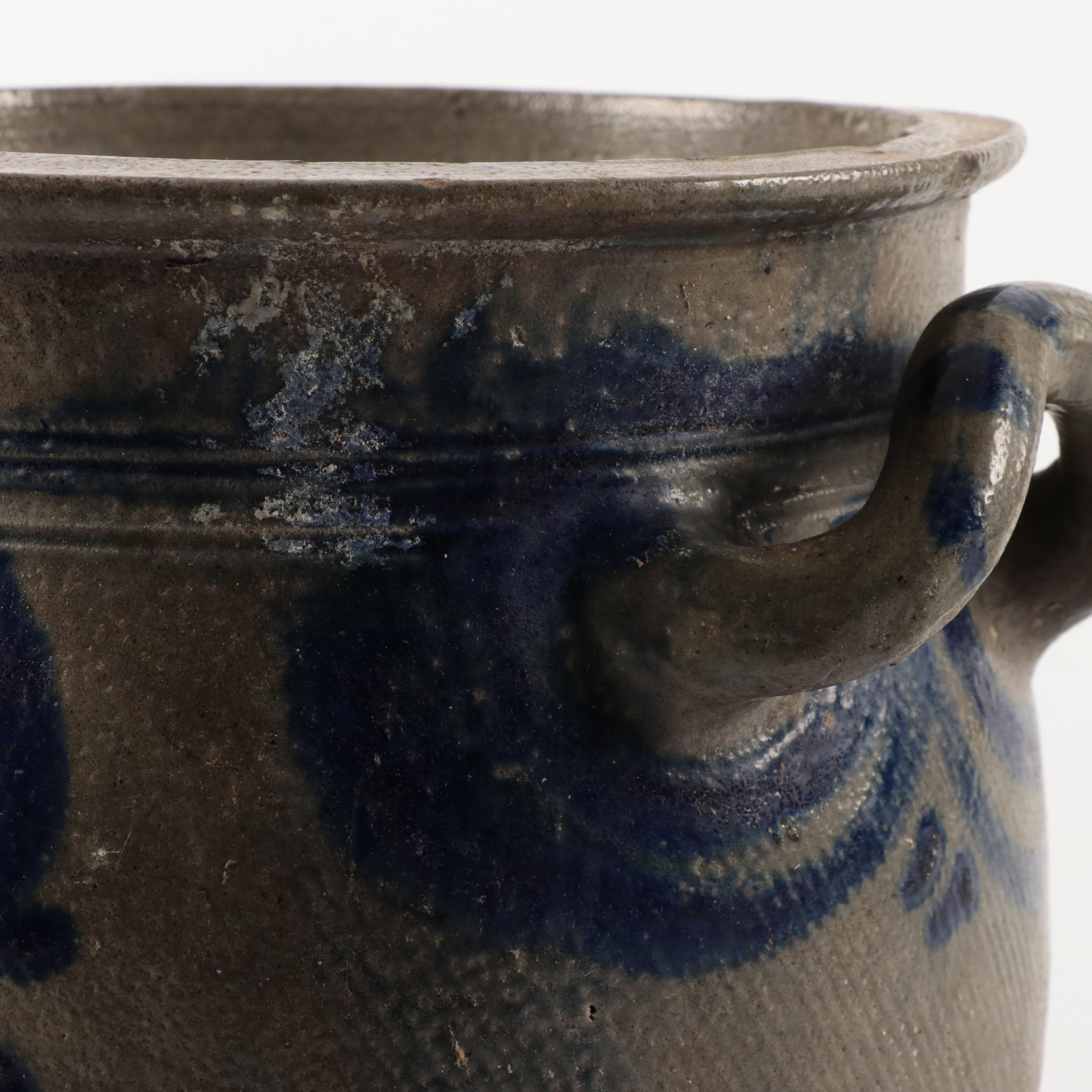 French Betschdorf Stoneware Crocks with Freehand Cobalt Accents