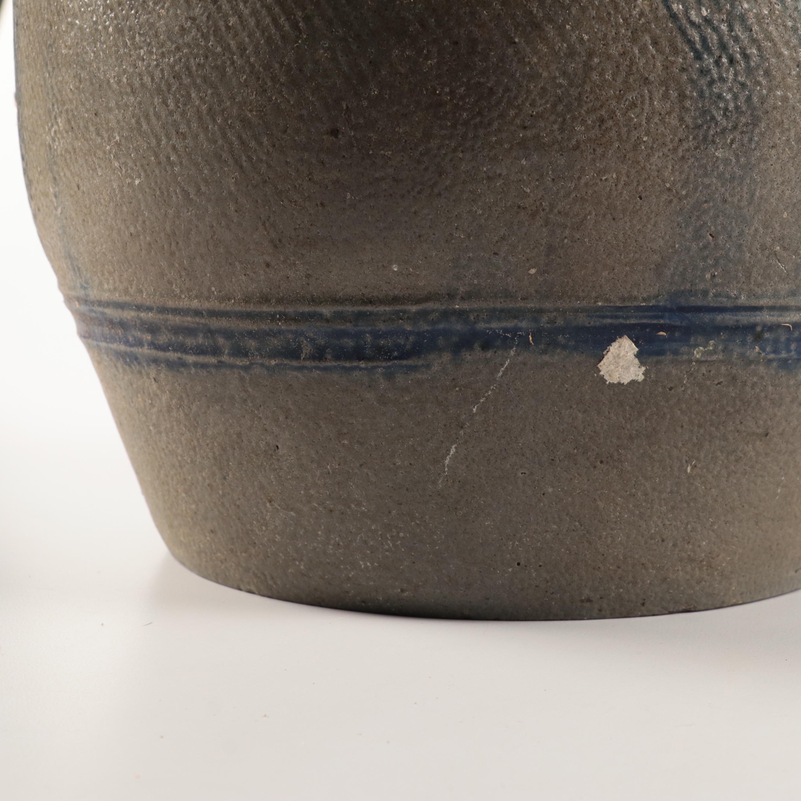 French Betschdorf Stoneware Crocks with Freehand Cobalt Accents