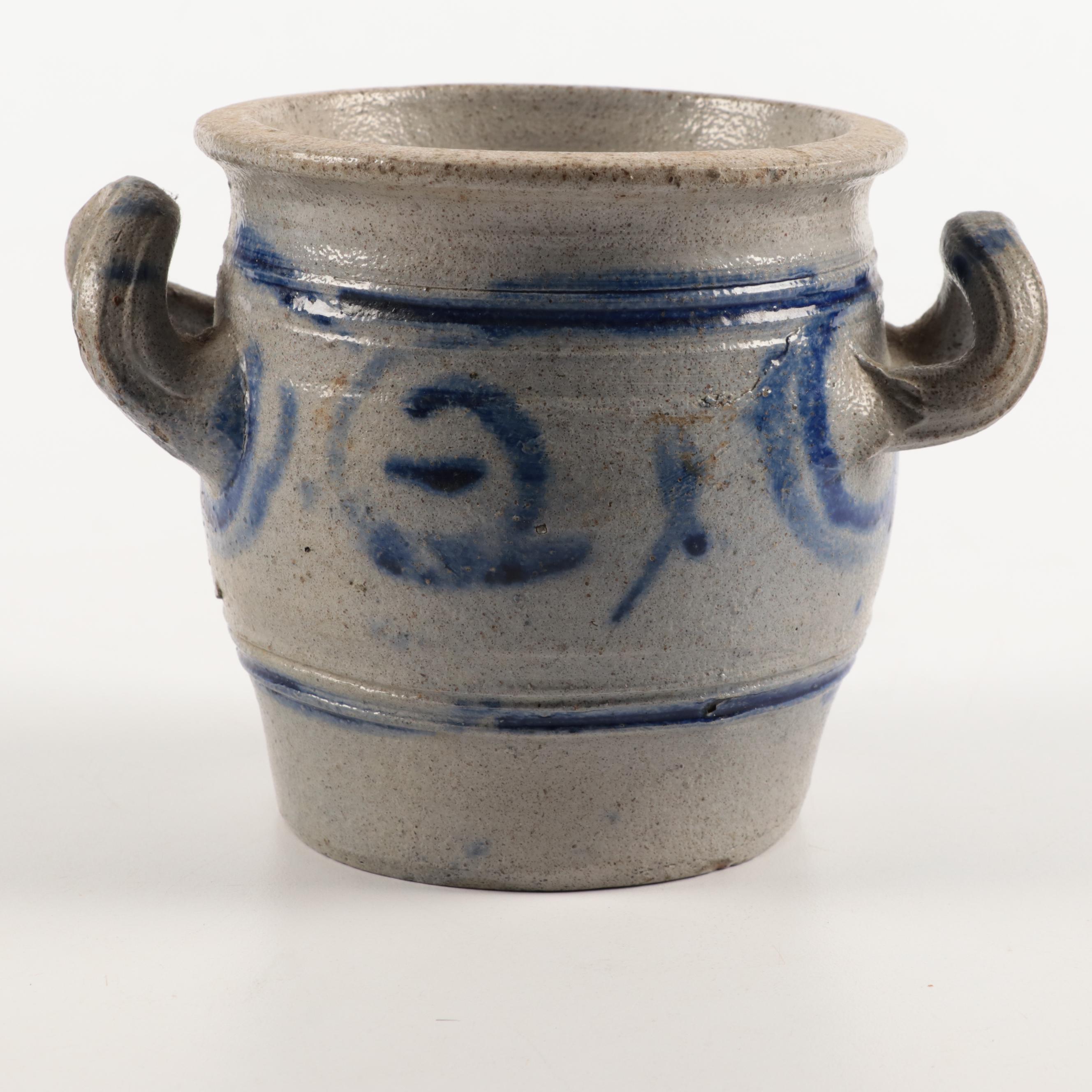 French Betschdorf Stoneware Crocks with Freehand Cobalt Accents