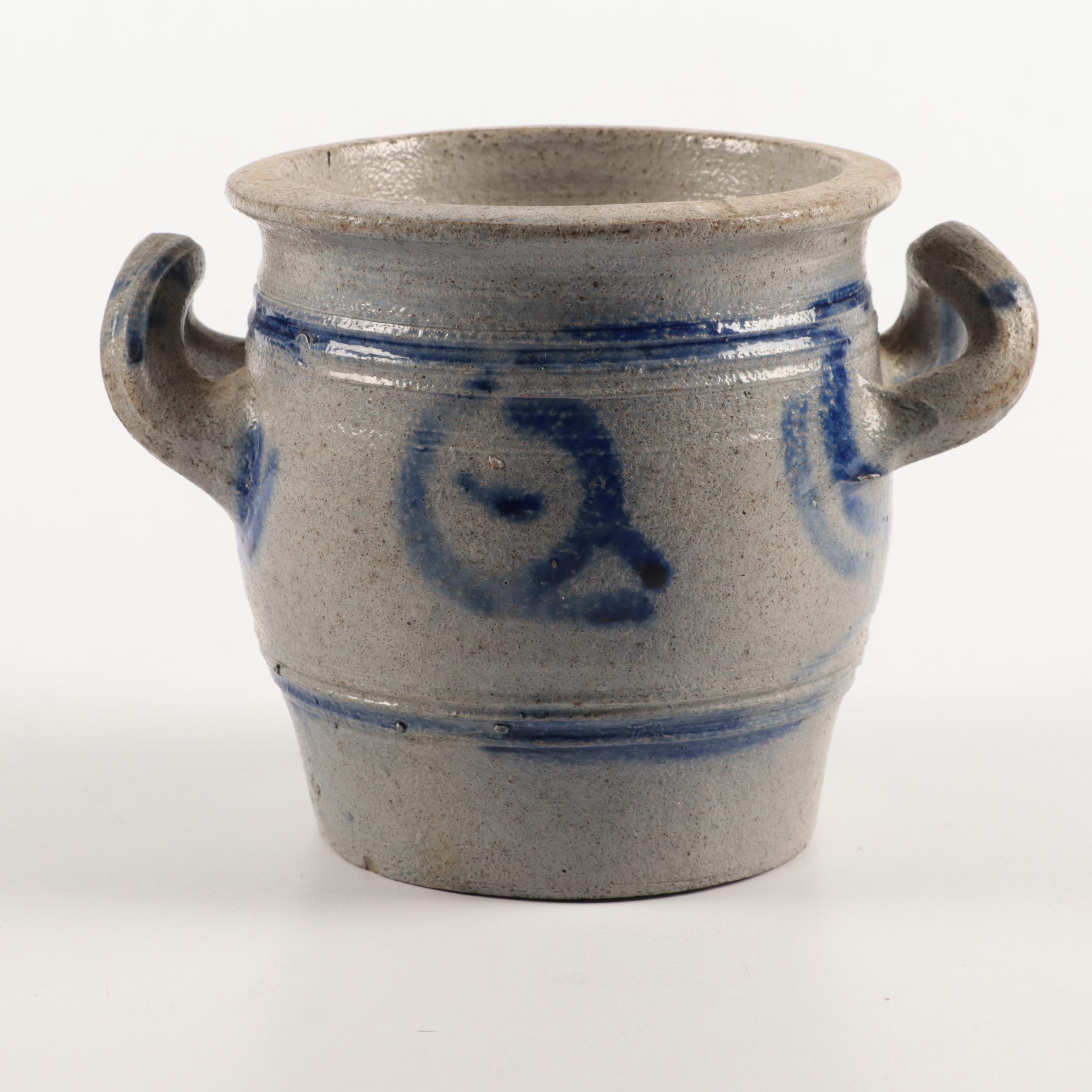 French Betschdorf Stoneware Crocks with Freehand Cobalt Accents