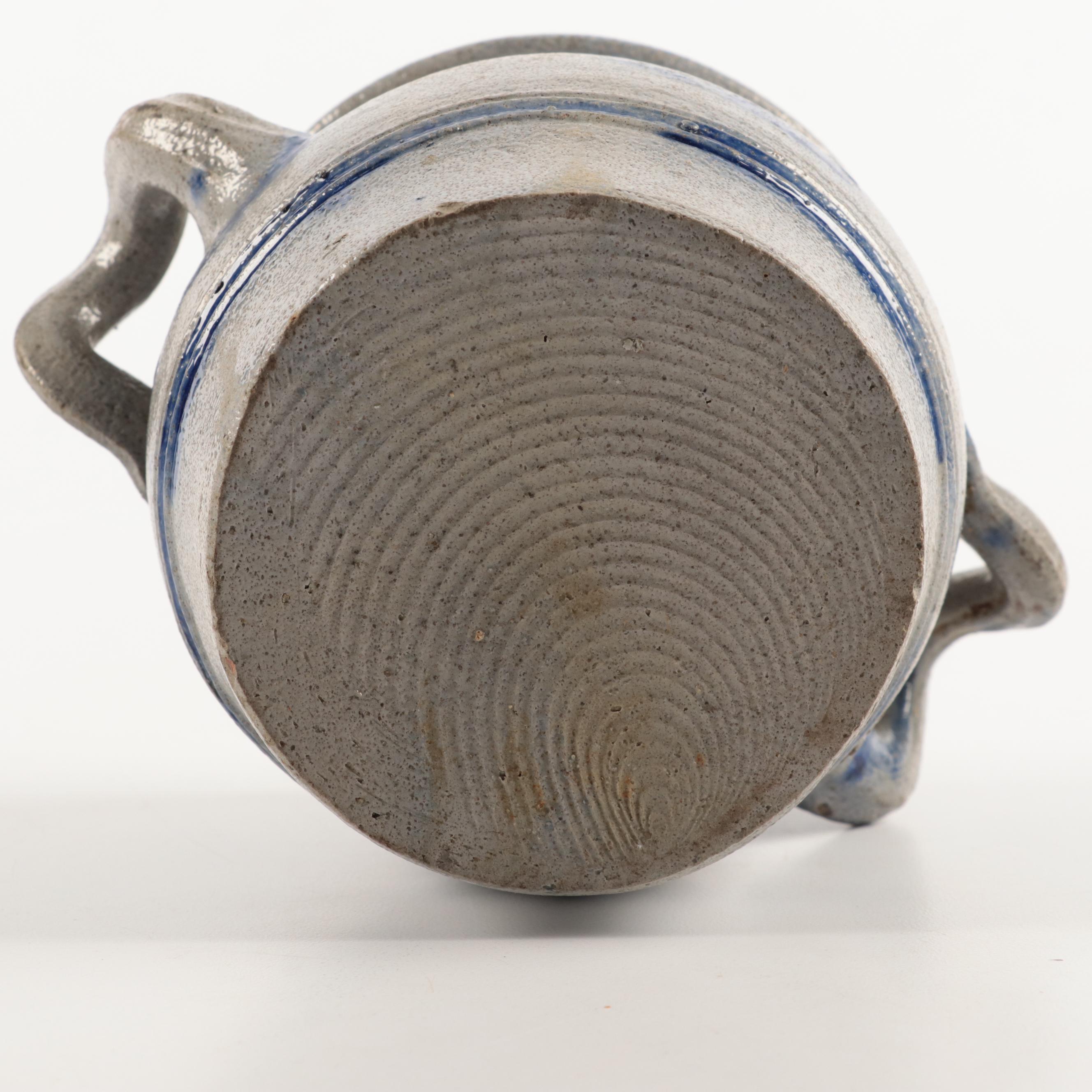 French Betschdorf Stoneware Crocks with Freehand Cobalt Accents