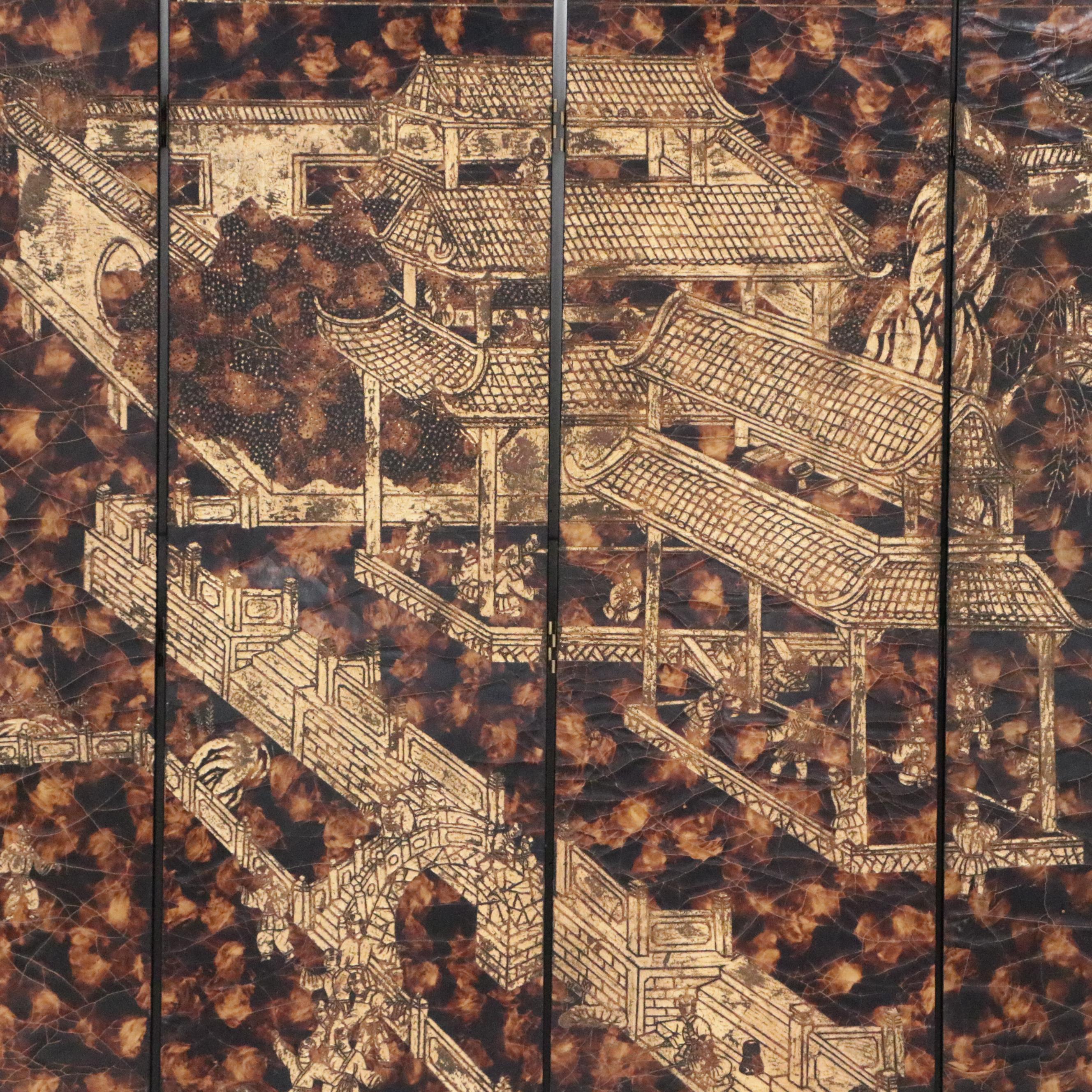 Chinese Painted Tortoise Finish Wooden Wall Screen