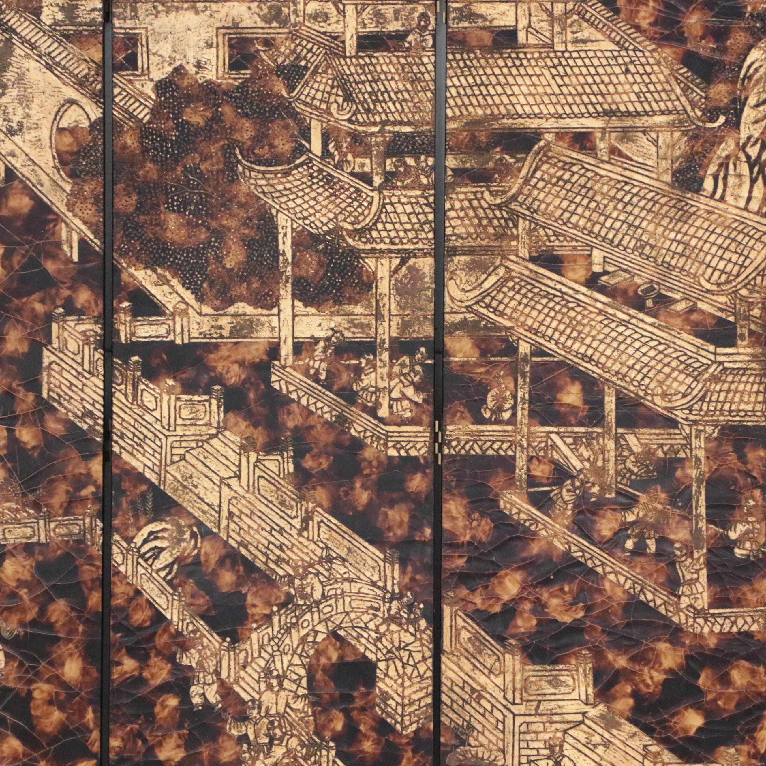 Chinese Painted Tortoise Finish Wooden Wall Screen