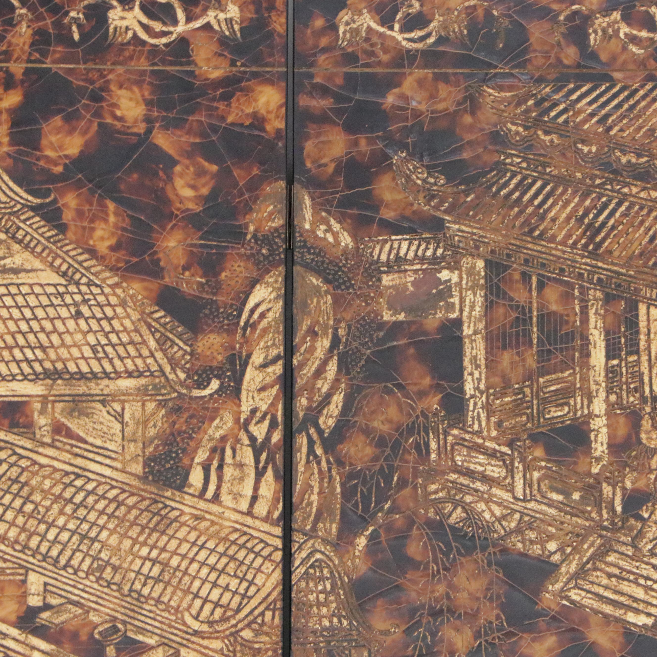 Chinese Painted Tortoise Finish Wooden Wall Screen