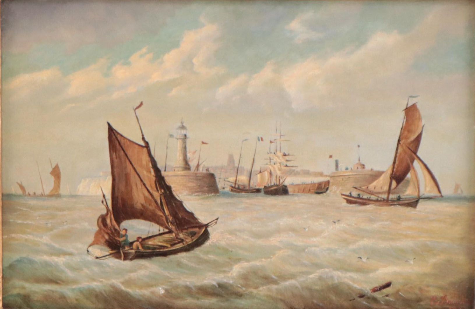 E. Braiser Oil Painting of Ships on Ocean, 1882