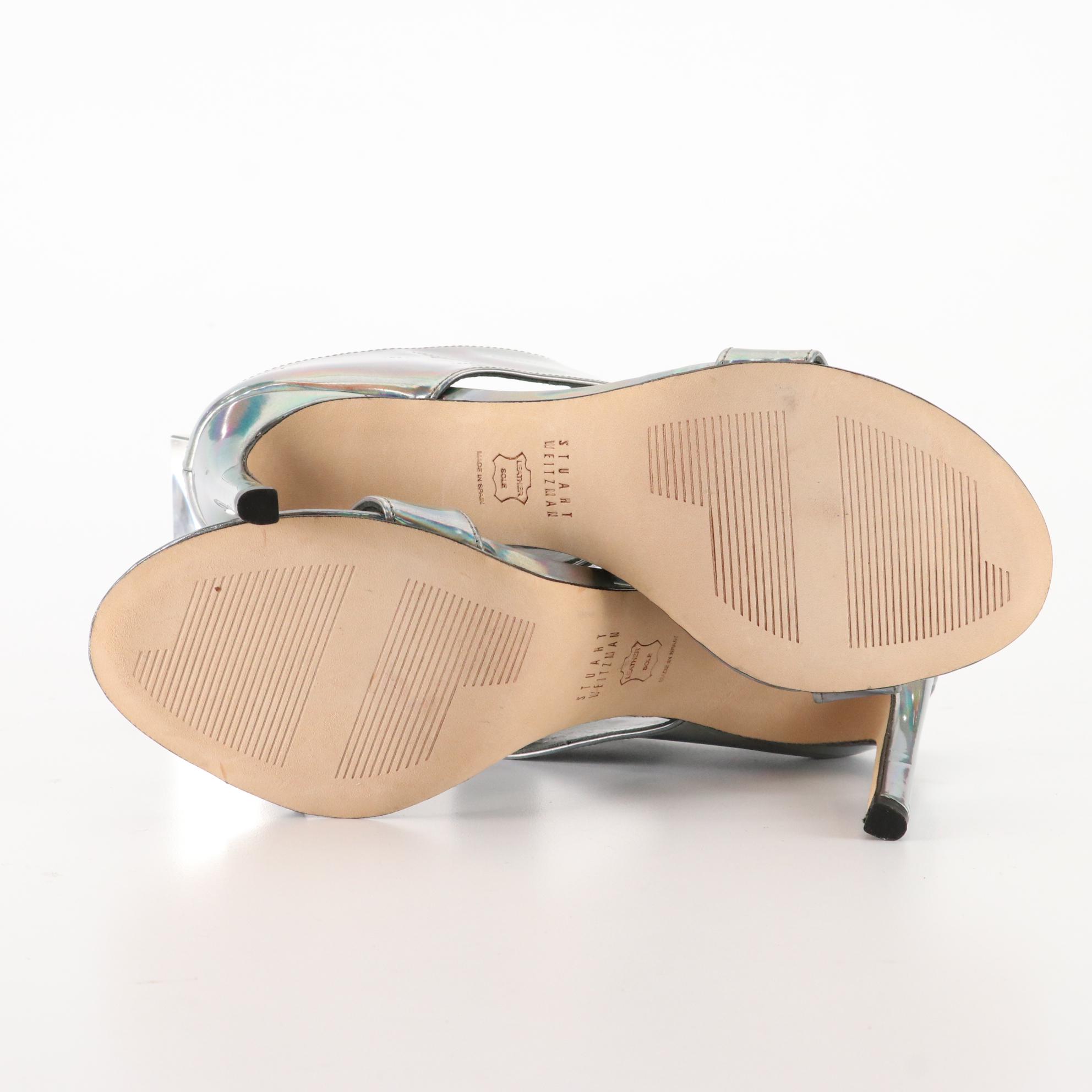 Stuart Weitzman Holo Patent Leather Open Toe Heels